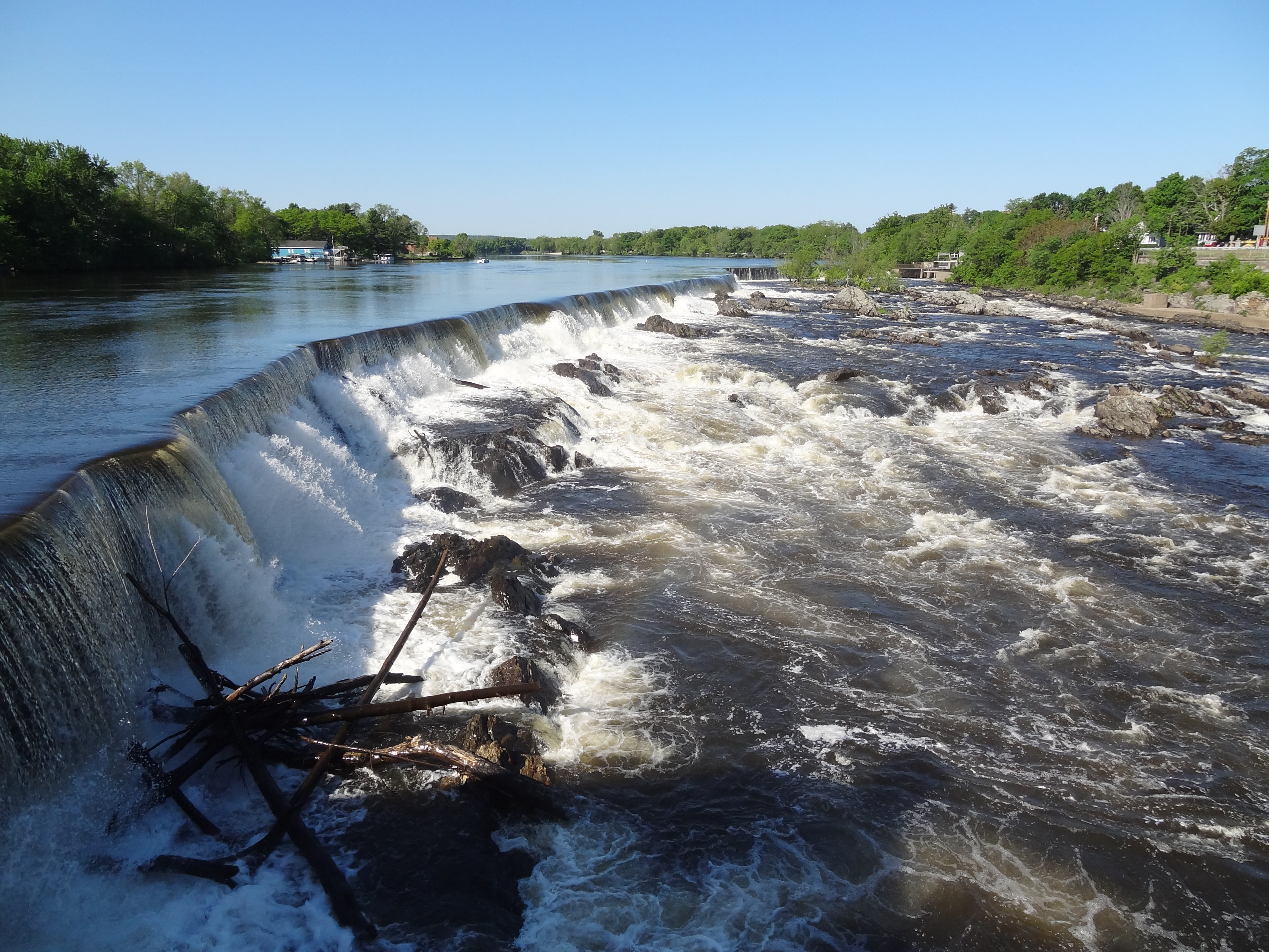 Pawtucket Falls viewed from the northeast side of the Pawtucket Gatehouse.  Located near the southeast end of the O'Donnell Bridge in Lowell, Massachusetts.