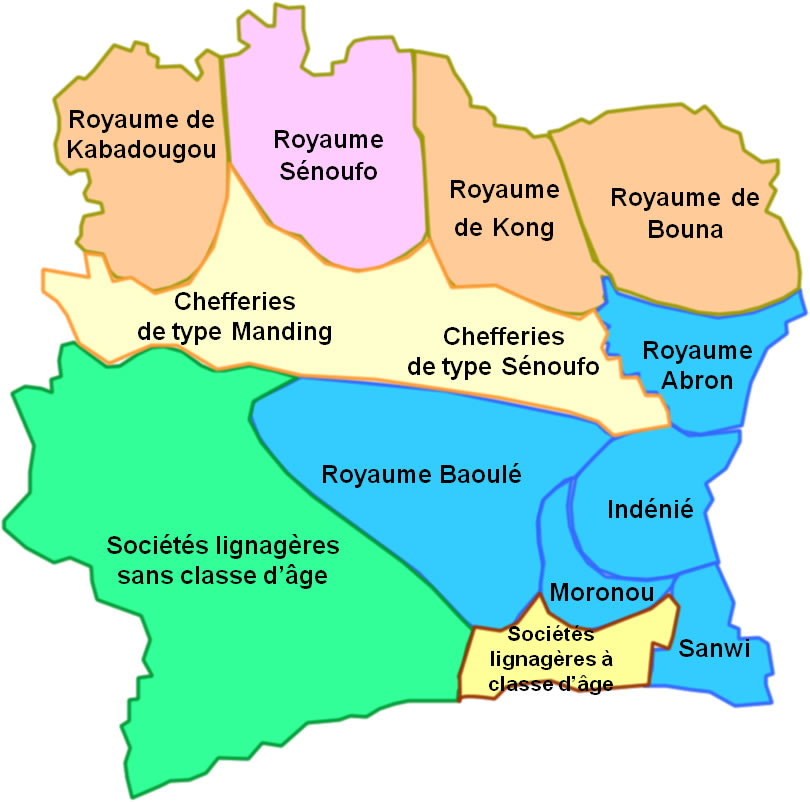 Precolonial political situation in Côte d'Ivoire with the different kingdoms, tribal societies with or without age classes.