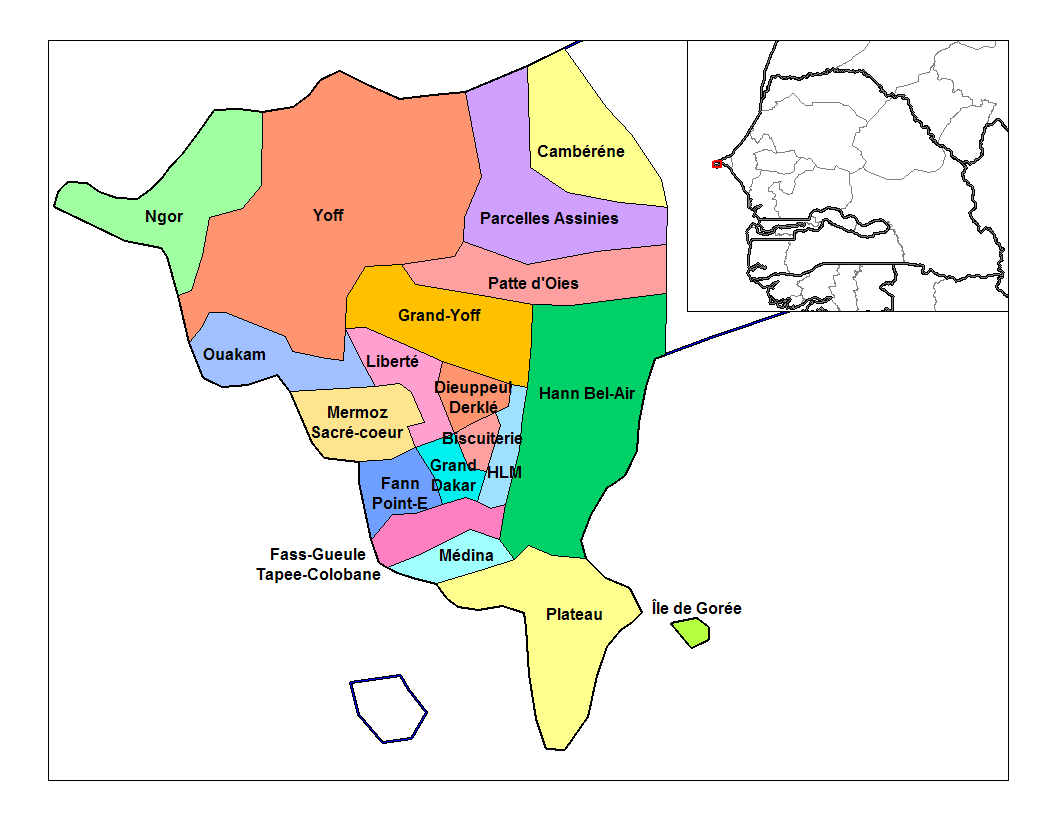Map of the communes d'arrondissement of Dakar department in Senegal.