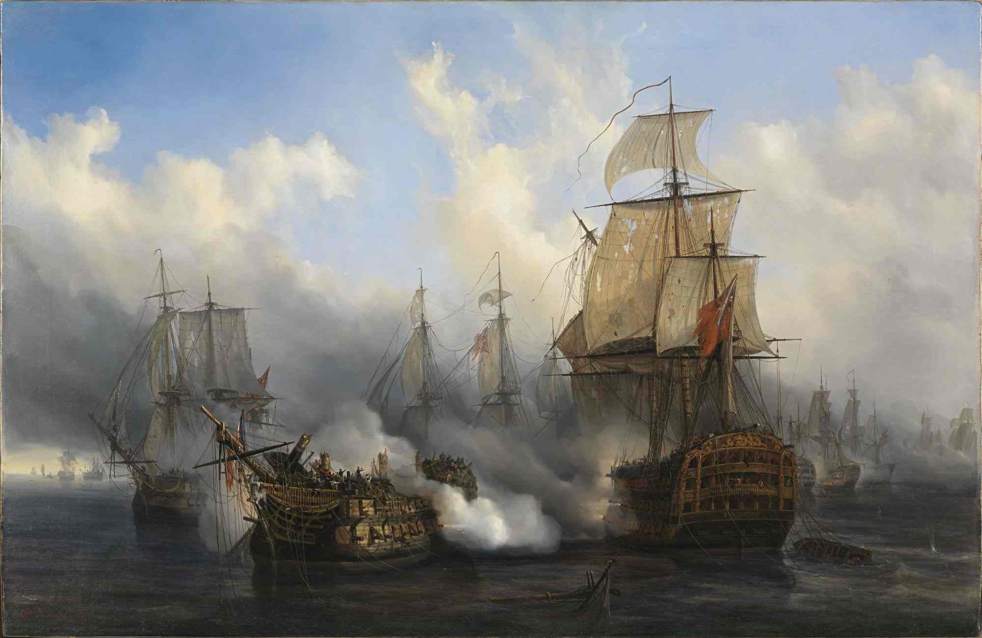 The actual title of the image is unknown, painted in 1836 by Auguste Mayer, it is suggested that the information about the painting was lost during WWII and it was given incorrect background and title when recovered. The picture is one of six that Mayer painted in 1836 about the struggle and fights of ship of the line Bucentaure during the Battle of Trafalgar (cf. musée national de la Marine website).
The ship in the foreground on right (firing to the Bucentaure) is the British 2nd-rate Sandwich, not present at Trafalgar, actually being hulked for harbour duty at the time. It is therefore generally held that the Sandwich is actually the British 2nd-rate Temeraire, incorrectly titled by the artist, and the dismasted ship in foreground left is the French 74-gun 3rd-rate Redoutable.

Research shows that the French ship in the foreground is actually Bucentaure, as the figurehead is that of Bucentaure, the ship is a two-decker fitting the description and design of Bucentaure and the men clustered around the mainmast fit with the events aboard the Bucentaure during the battle.