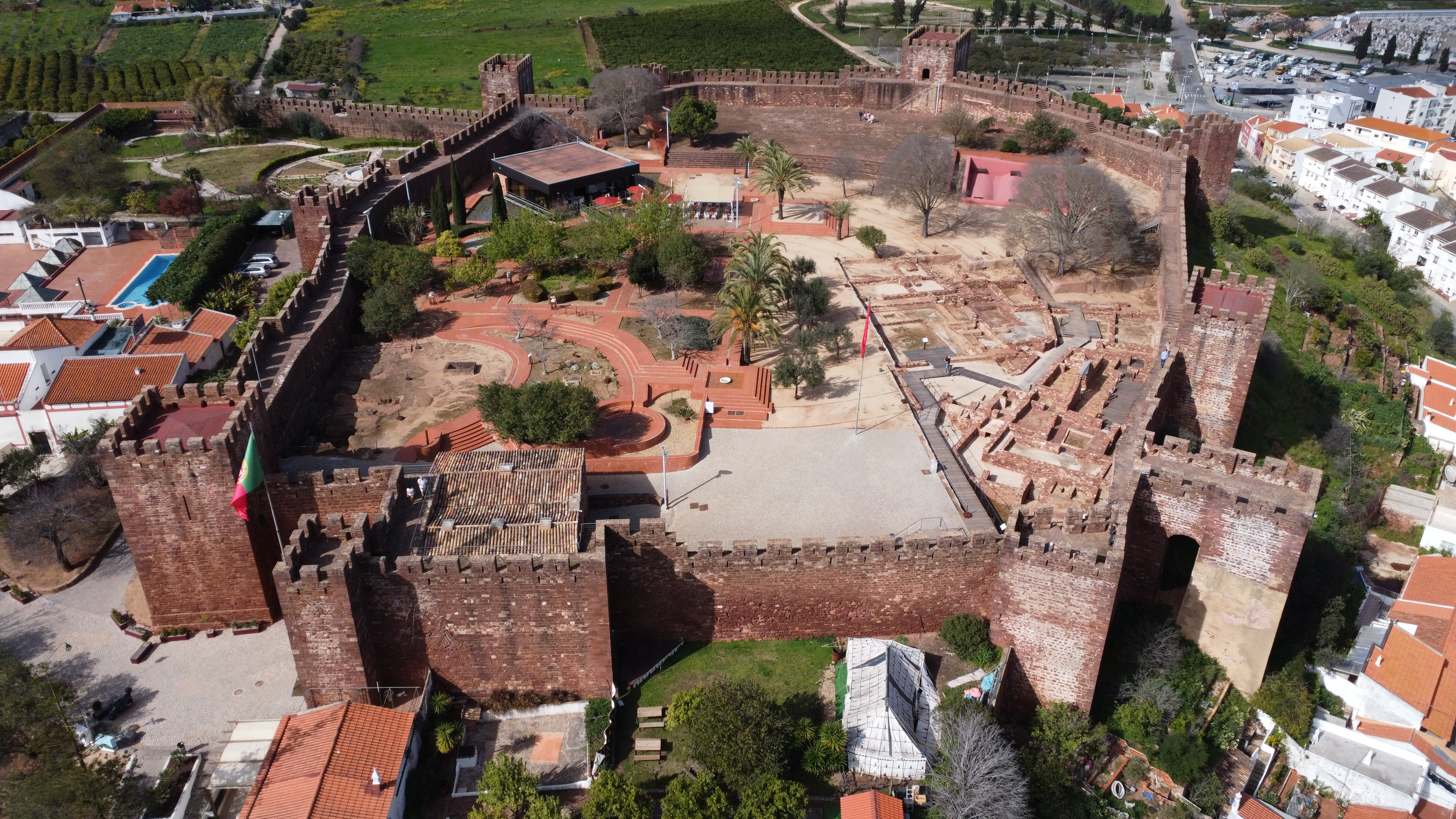 Aerial view of Silves's castle in Silves, Algarve, Portugal.