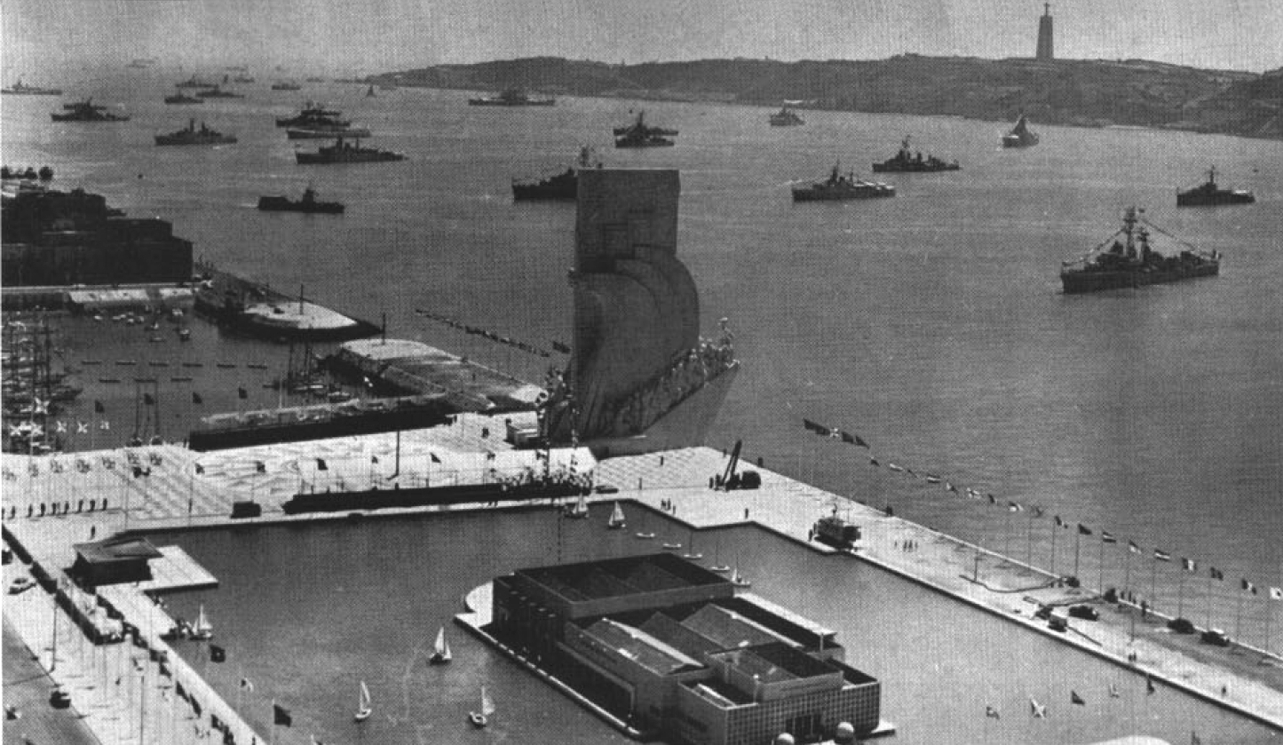 View of the Padrão dos Descobrimentos (Monument to the Discoveries) on the northern bank of the Tagus River estuary, Lisbon, Portugal, at the time of its inauguration, on 9 August 1960. 32 ships of 14 nations were present.
