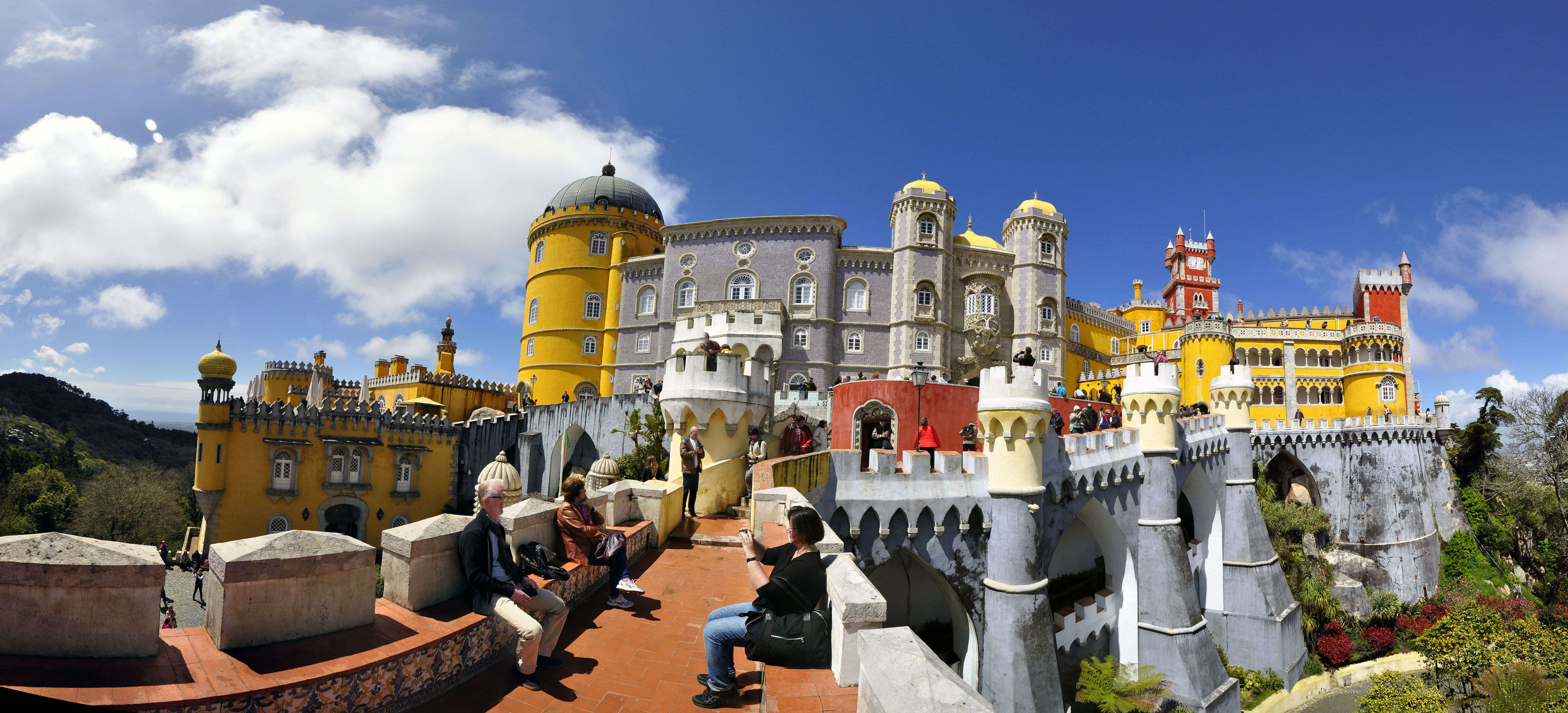 Pena Palace in Sintra, Portugal. Panoramic view from close to structure.