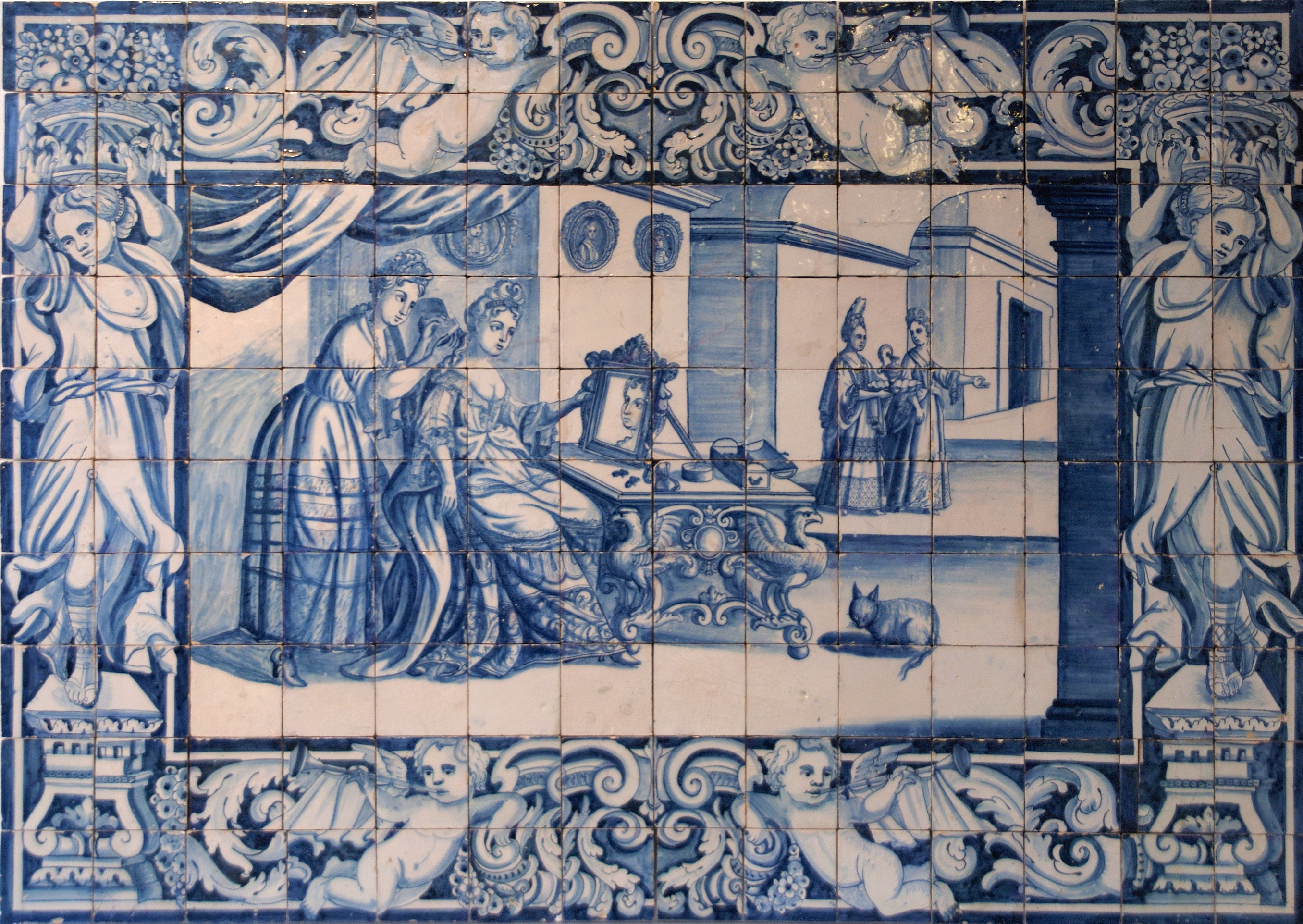 Lady at the dressing table. Attributed to monogrammist PMP. Lisboa, c. 1720-30. Museu Nacional do Azulejo, Lisbon, Portugal