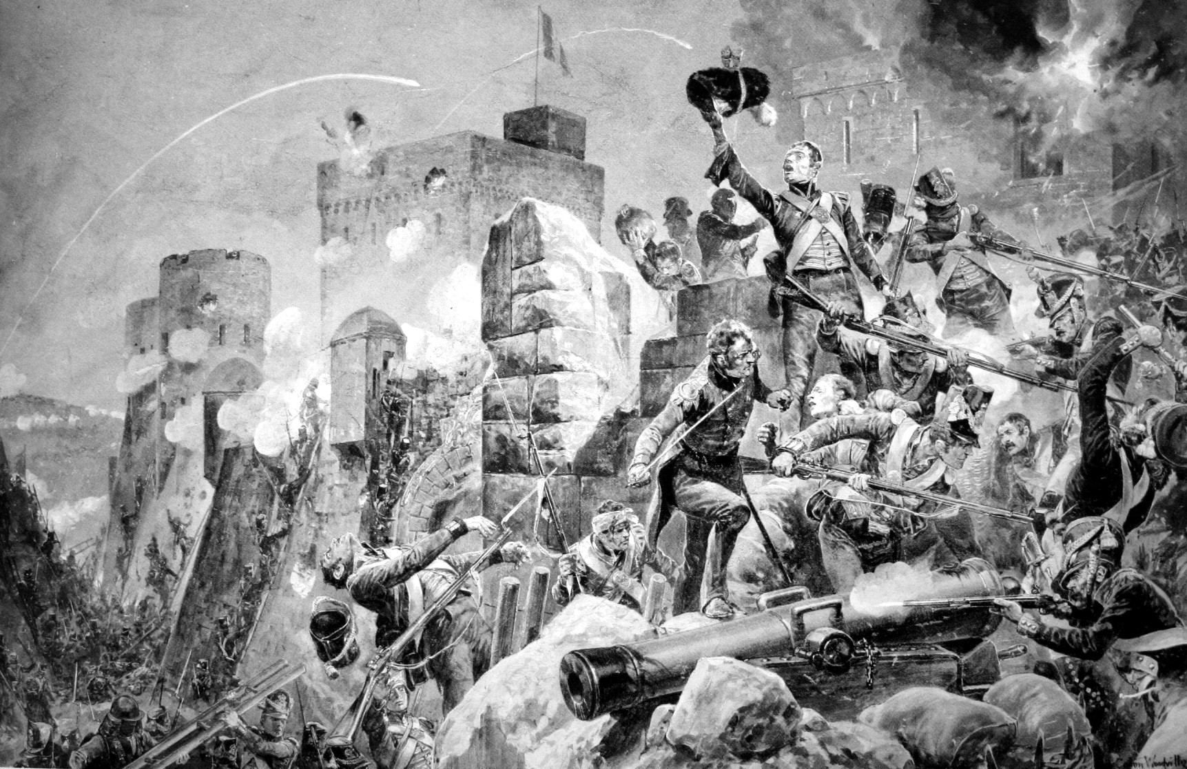 "The Devil's Own" 88th Regiment at the Siege of Badajoz. 

Watercolour en grisaille by Richard Caton Woodville Jr. (1856-1927)