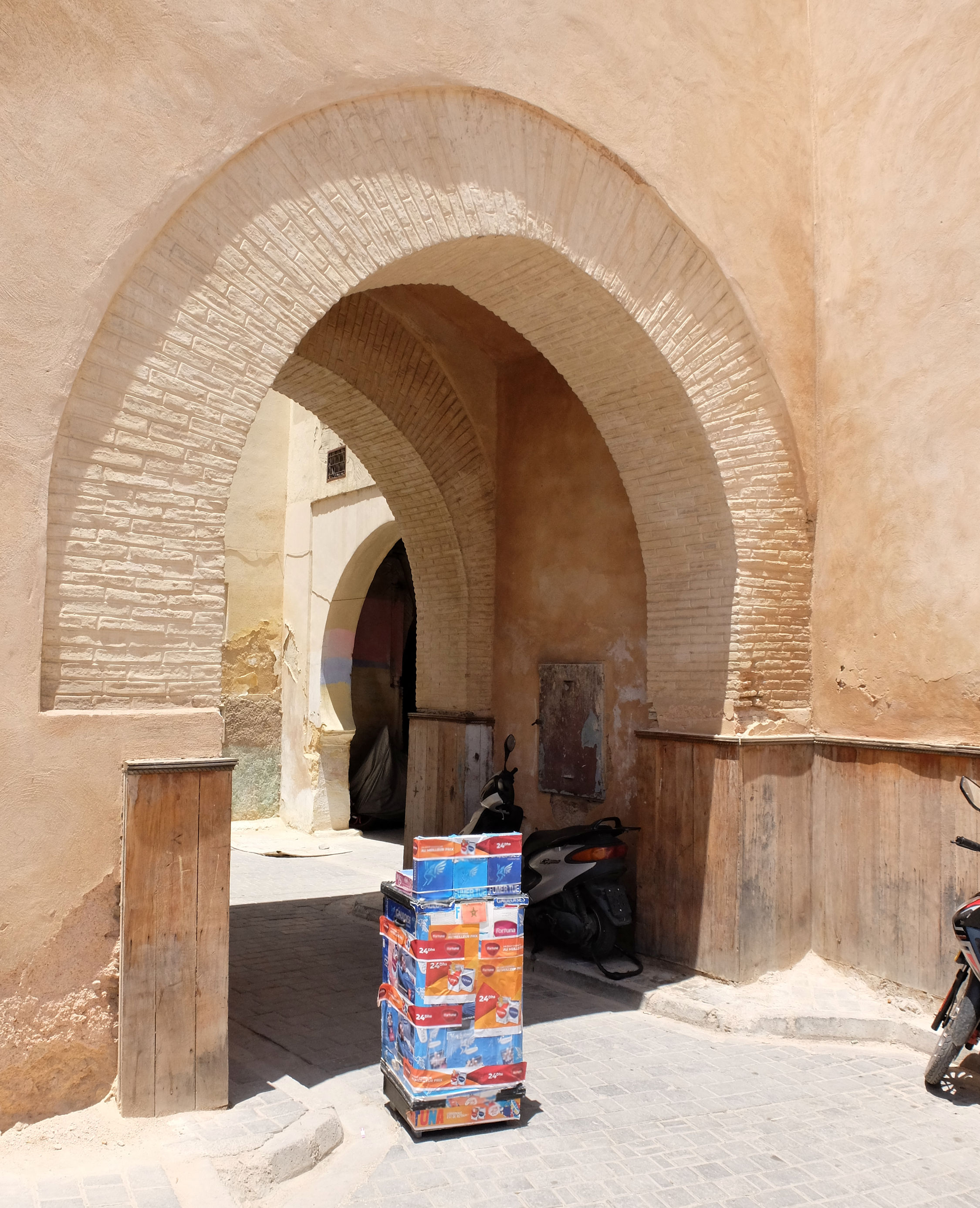 The old original gate of Bab Bou Jeloud, still extant next to the modern "Blue" Gate of Bab Bou Jeloud, Fes. The gate has a bent entrance, visible here, which turns several times and passes through different sections.