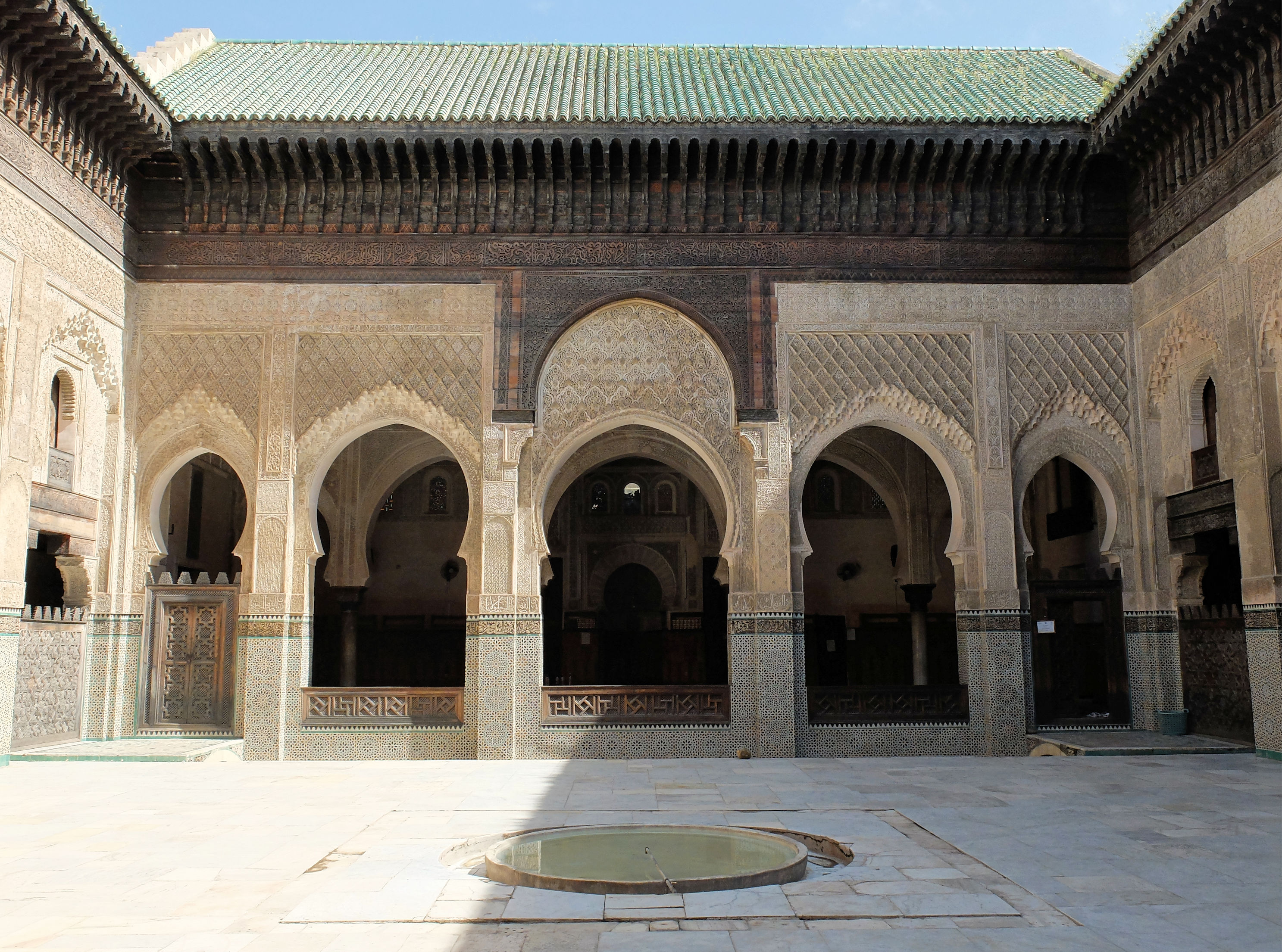 Courtyard of the Bou Inania Madrasa, looking southeast towards prayer hall and mihrab.