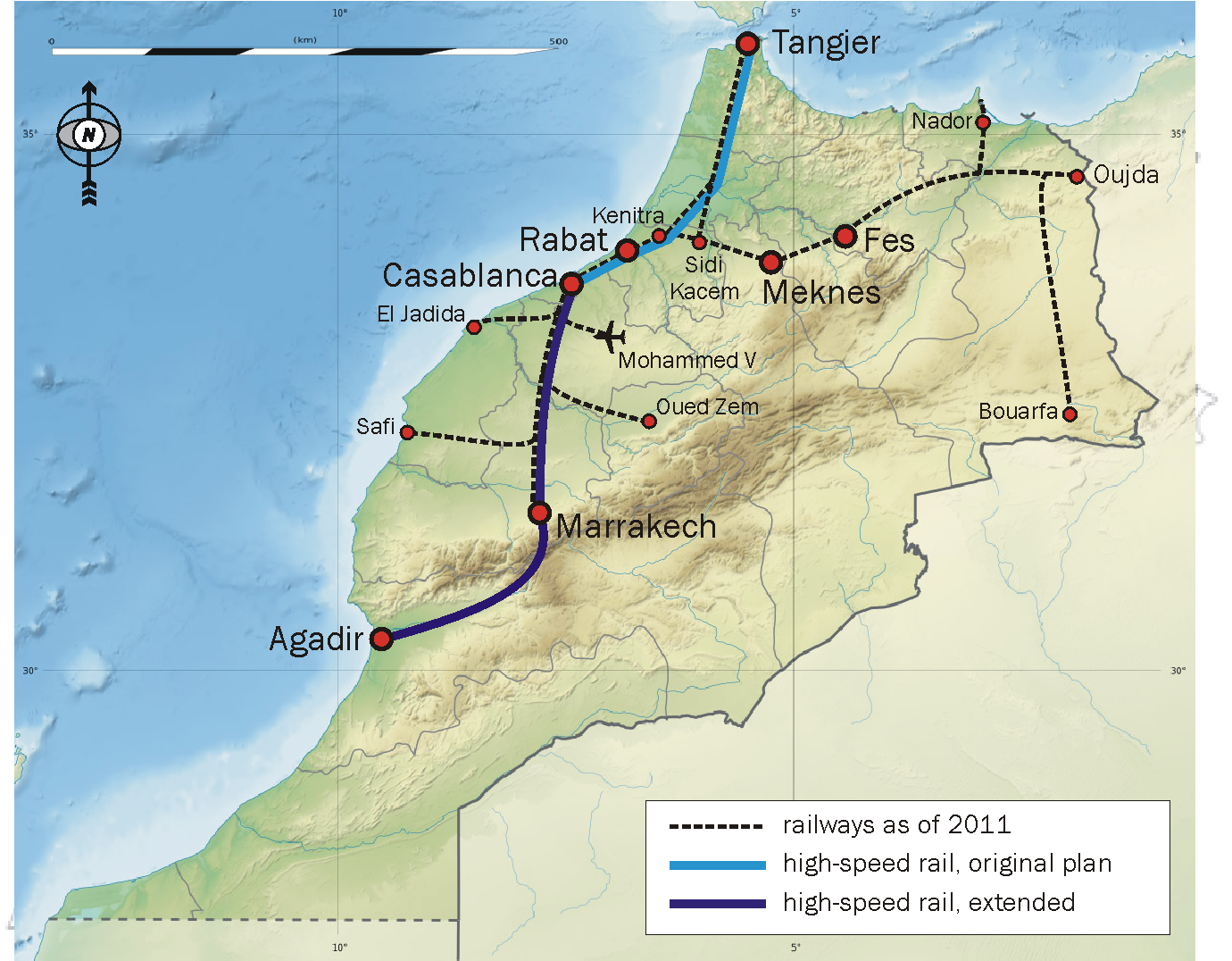 Railways of Morocco, as of mid-2010. Background map is Morocco_relief_location_map.jpg; data are taken from Maroc-railnet.png and Schienenverkehr in Marokko.