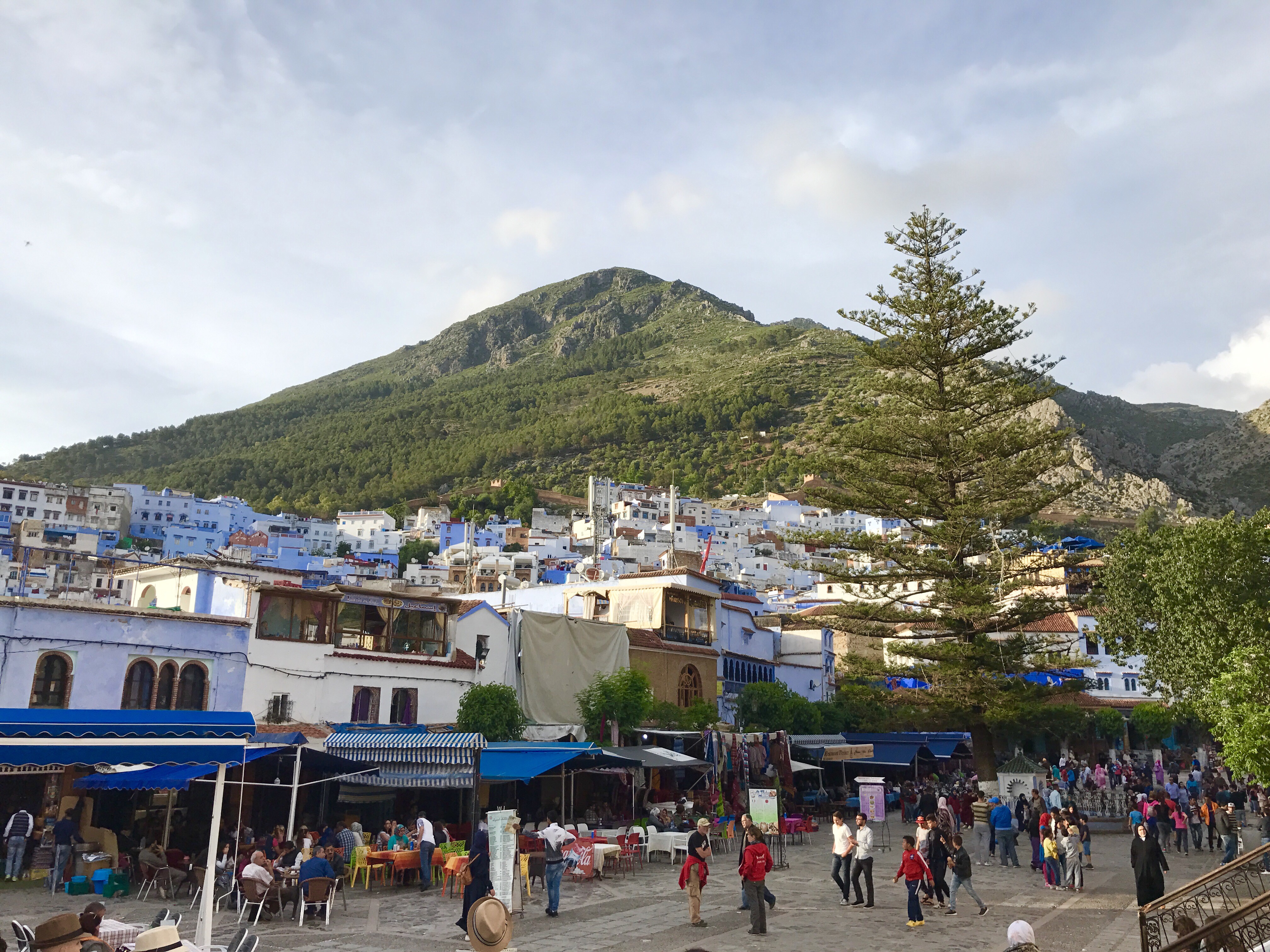 Rif Mountains in the background of the Chefchaouen Suk, or market place.