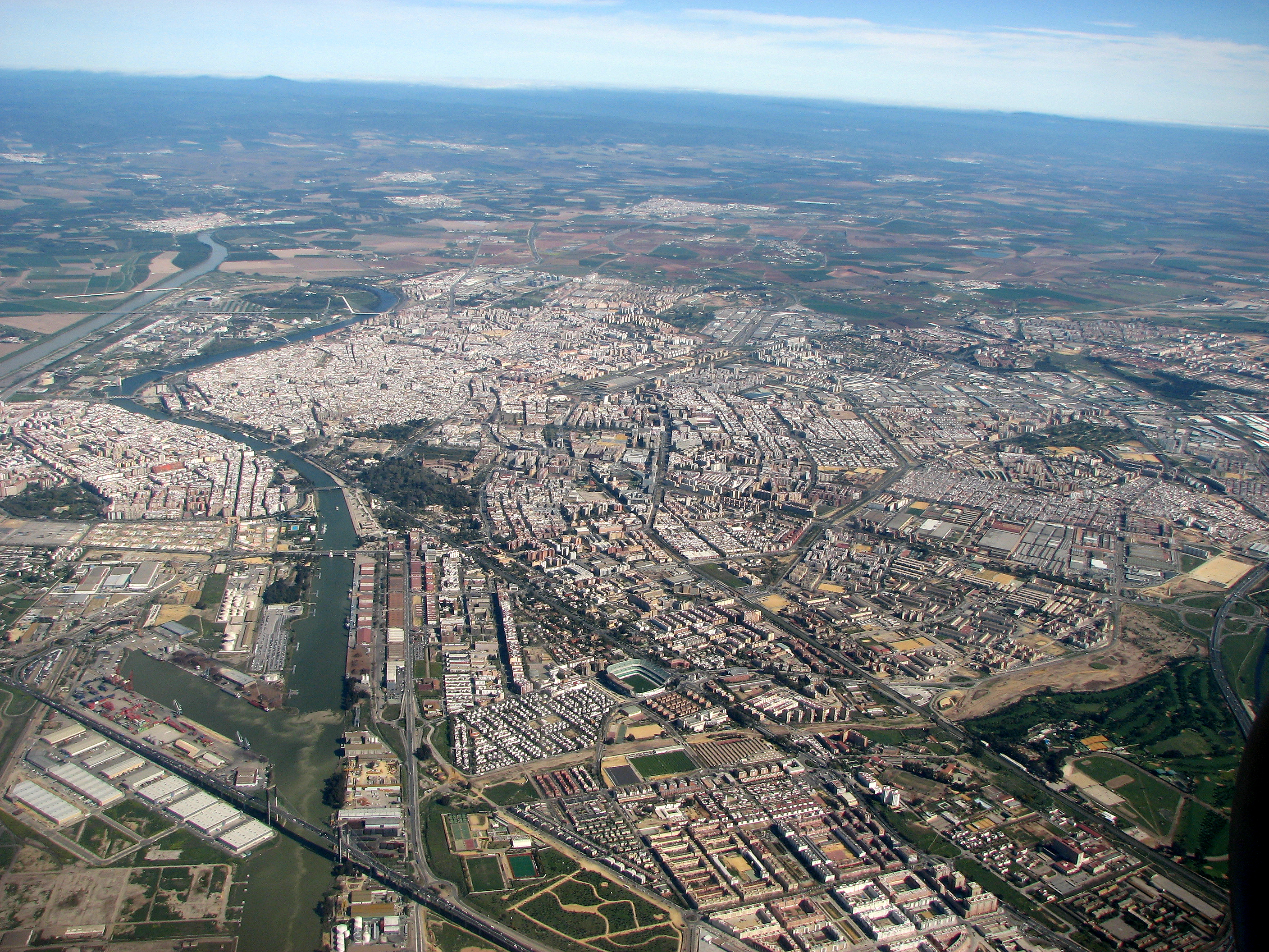 Aerial Photo of Seville (Spain) from approx. 6500 ft / 2000 m height. Viewing direction north.