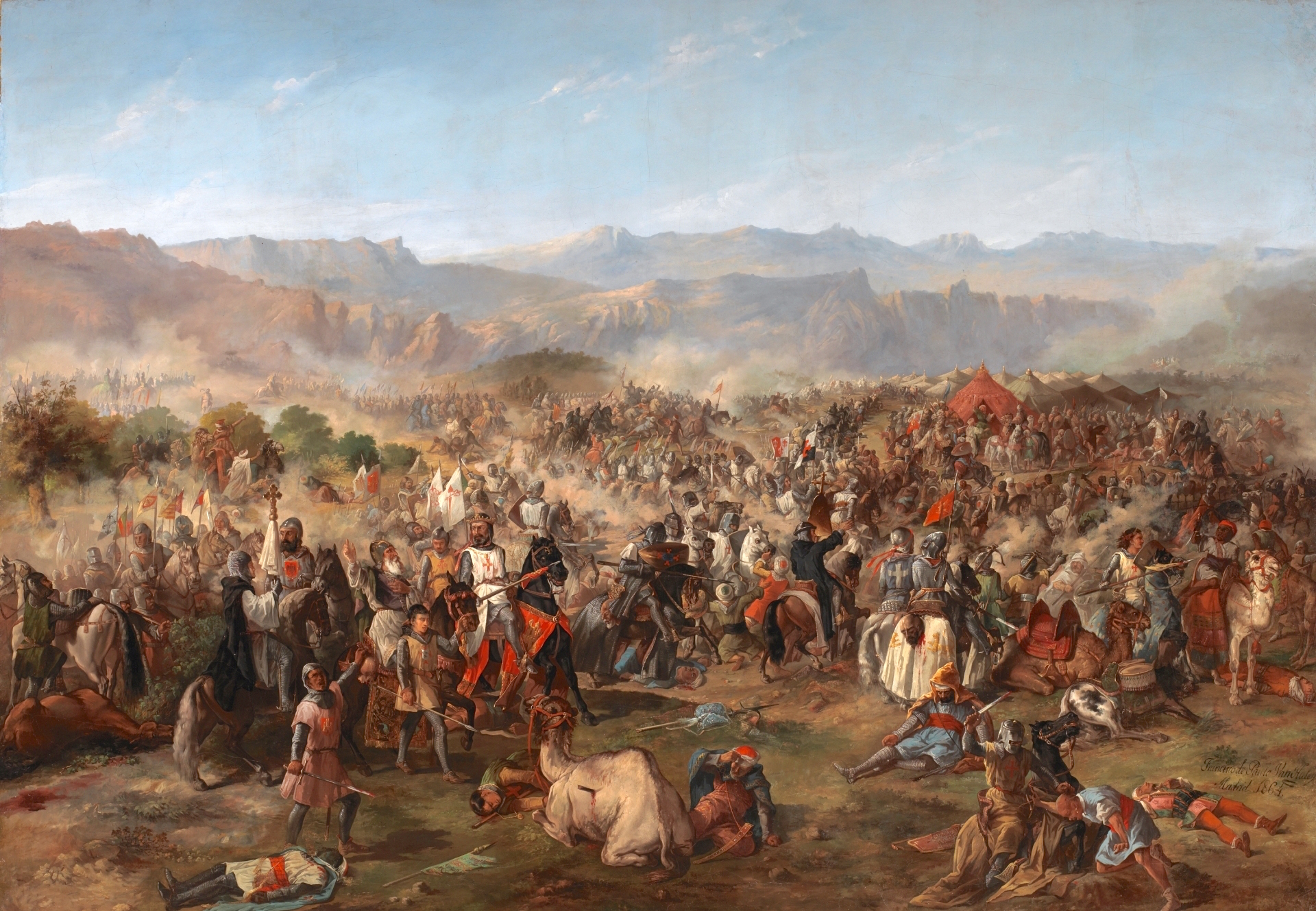Esta obra, que fue depositada por el Museo del Prado en 1878 en el Palacio del Senado de España, representa la batalla de las Navas de Tolosa, que se libró el día 16 de Julio de 1212 en las cercanías del municipio jienense de Santa Elena. Y es conocida también como la batalla de los tres reyes, ya que en ella combatieron los monarcas Alfonso VIII de Castilla, Pedro II de Aragón y Sancho VII de Navarra.