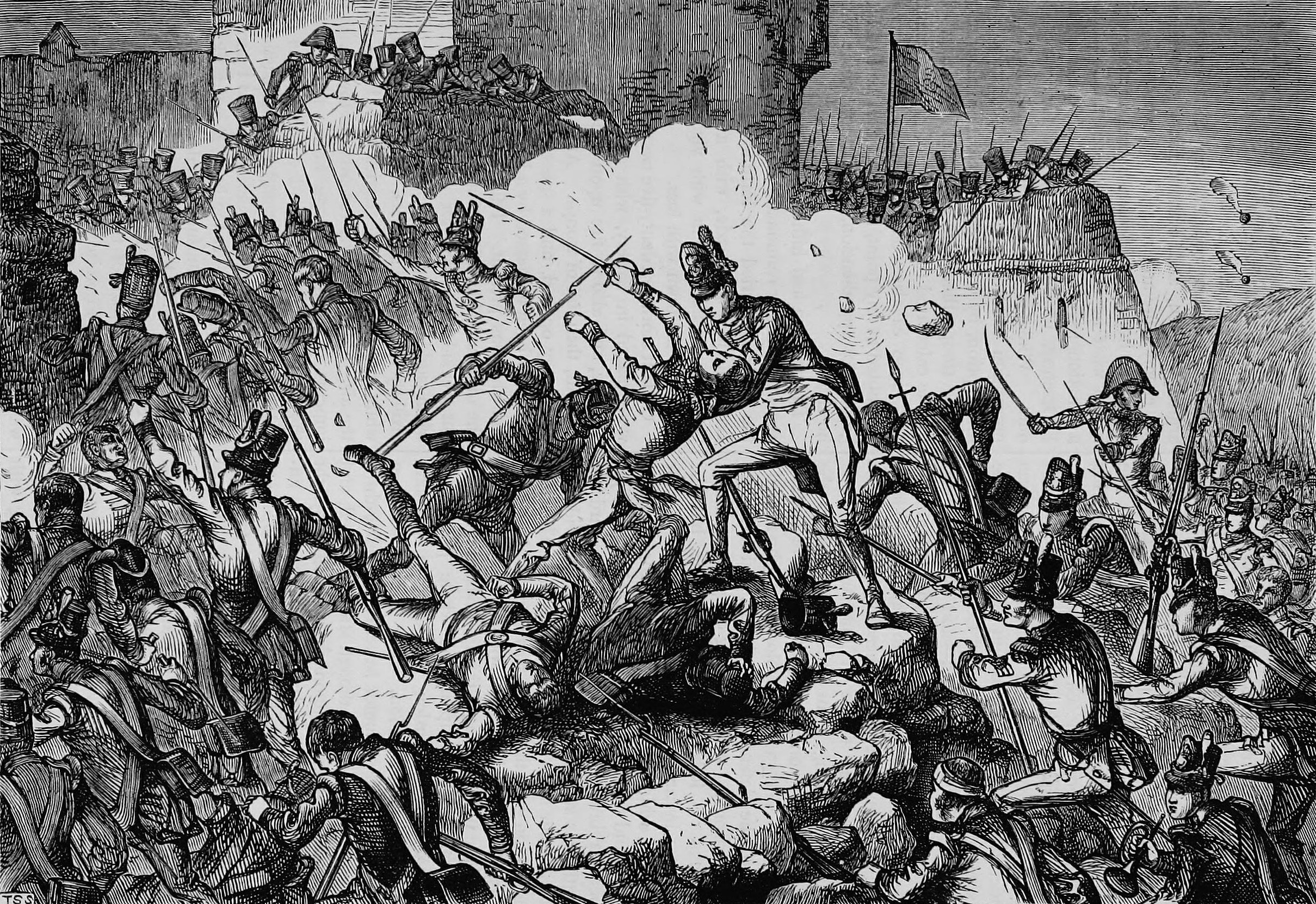 British infantry storm the fortress at Ciudad Rodrigo during Wellington’s campaign in Spain.