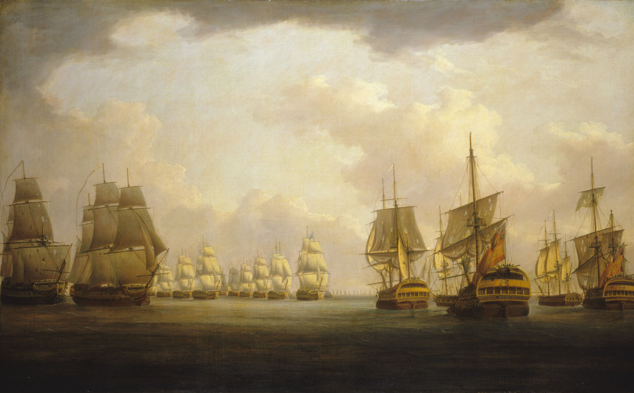 'Admiral Sir Robert Calder's action off Cape Finisterre, 23 July 1805'. Vice-Admiral Calder’s squadron intercepted the Franco-Spanish fleet under Admiral Villeneuve off north-western Spain, as it returned from its diversionary voyage to the West Indies just before Trafalgar. At a time when Britain had become used to Nelsonic victories, Calder’s failure to engage it decisively led to his formal censure and he was never given another command. This shows the day after the action, 24 July. British frigates have Calder’s two prizes, the Firme and the San Raphael, under tow on the right and the damaged Windsor Castle, too, on the left. Calder’s fleet is in formation in the centre and the departing enemy in the distance[1]