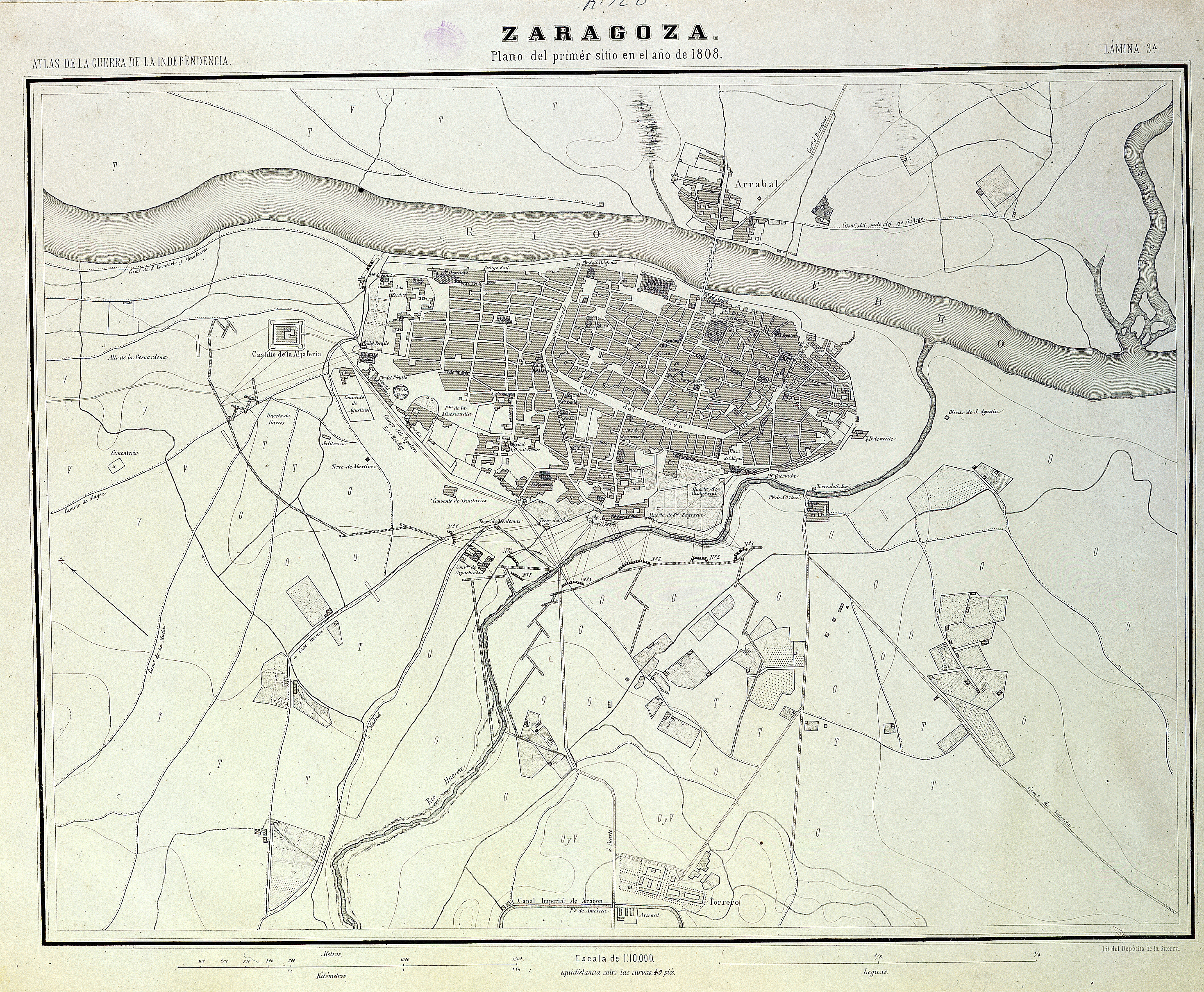 Plano del primer sitio de Zaragoza, Spain Separatas del atlas de la Guerra de la Independencia editadas por el Depósito de la Guerra, en 1868, como complemento a la obra del general don José Gómez de ARTECHE, "Guerra de la Independencia. Historia militar de España de 1808 a 1814".