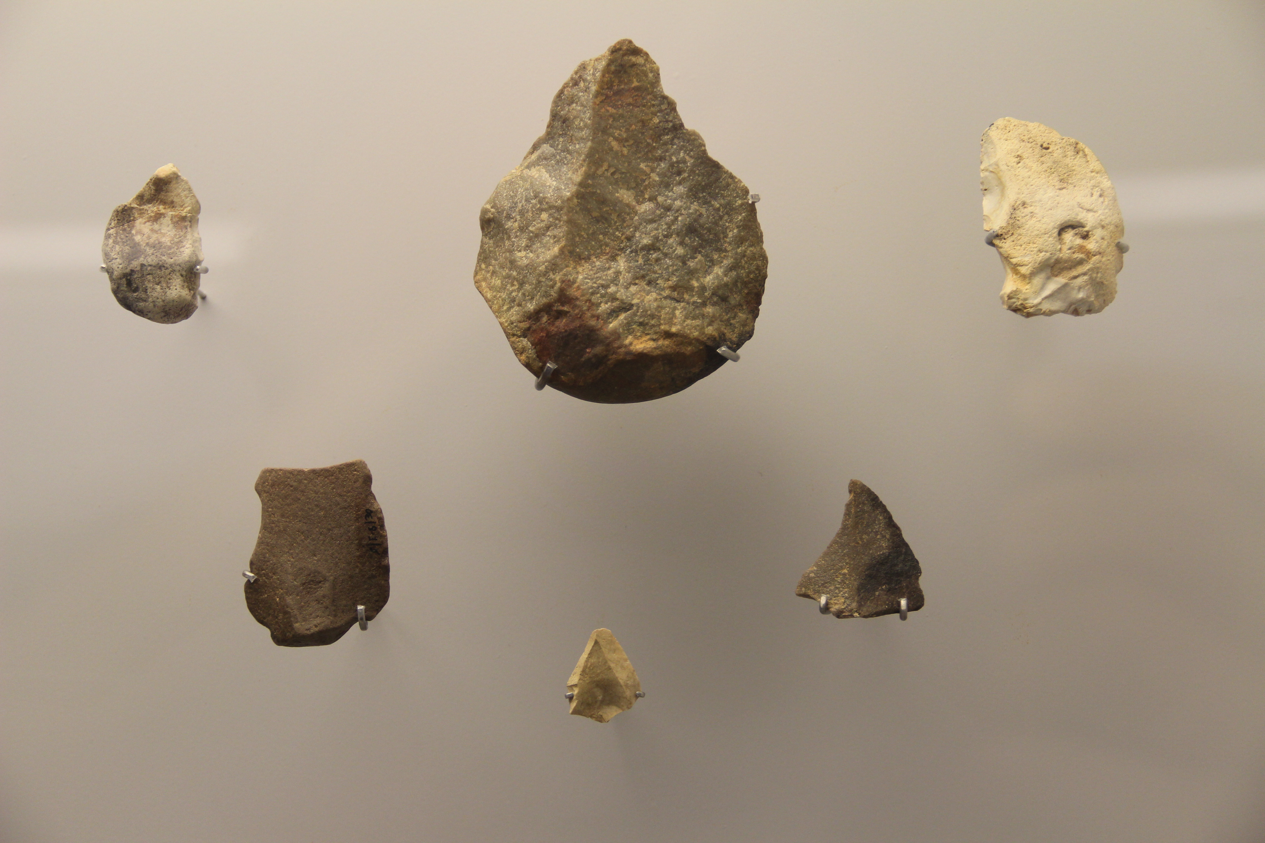 El Sidron cave (Piloña). Bifacial tool, side scrapers and Levallois point discovered on the cave, and exhibited in the Archaeological Museum of Asturias in Oviedo.