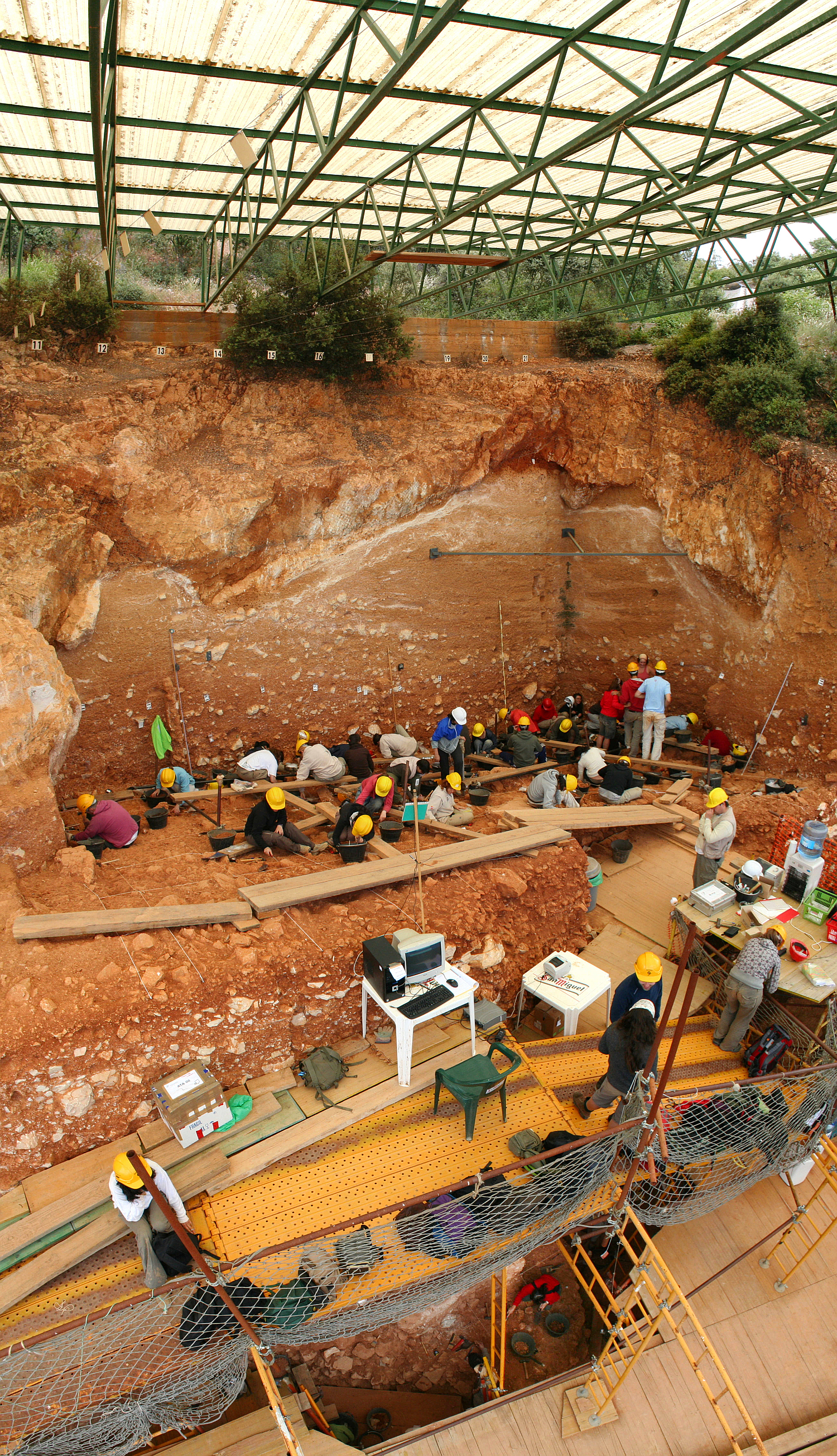 Excavations at the site of Gran Dolina, in Atapuerca (Spain), during 2008. Panoramic photography formed using 3 individual photographies with Hugin software. TD-10 archaeological level is being excavated where the most of the people are. It is a Homo heidelbergensis camp. Under the plank, we can observe a woman with red sweatshirt excavating TD-6 archaeological level, where were found the first remains of Homo antecessor.