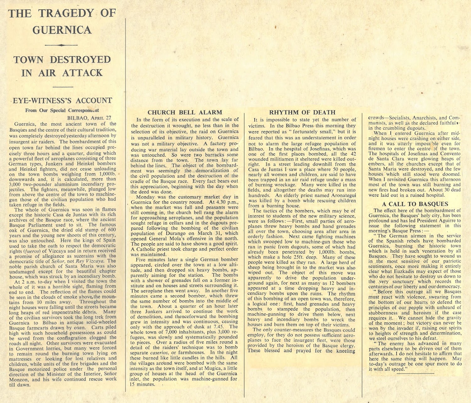 Chronicle of the bombing of Guernica made the day after the bombing and published in "The Times".