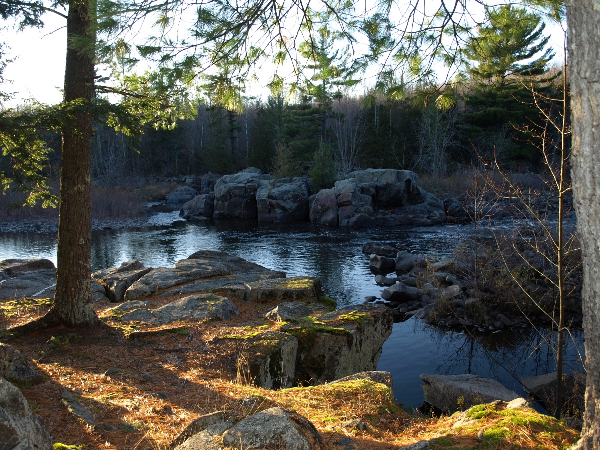 Exposed pre-Cambrian rock at about the midway point of Grandfather Falls in Lincoln County, Wisconsin.