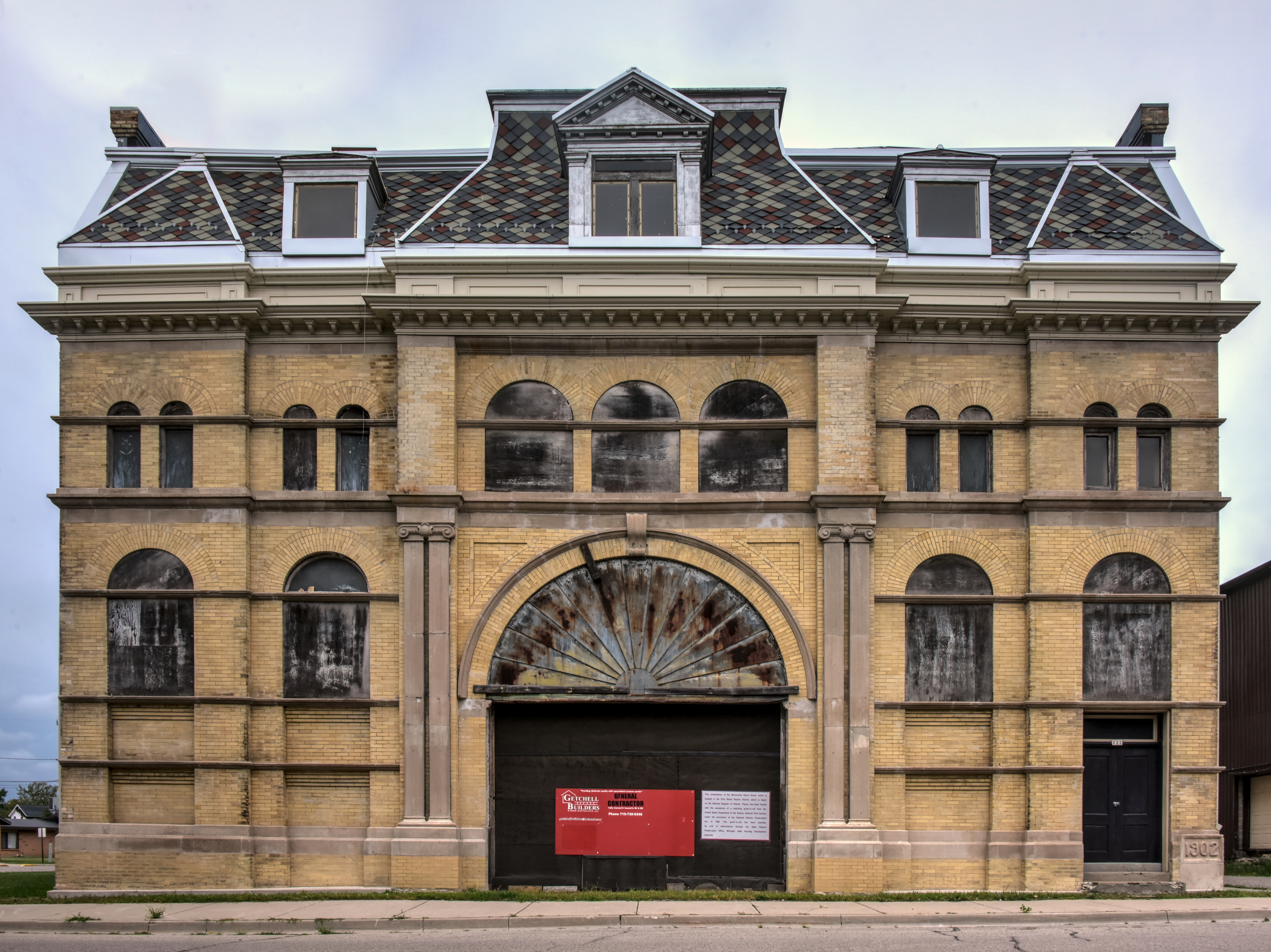 This theater in Menominee, Michigan, was badly damaged in a fire in 1950 and used as a warehouse for a while, but is now, at a glacial pace, being restored.