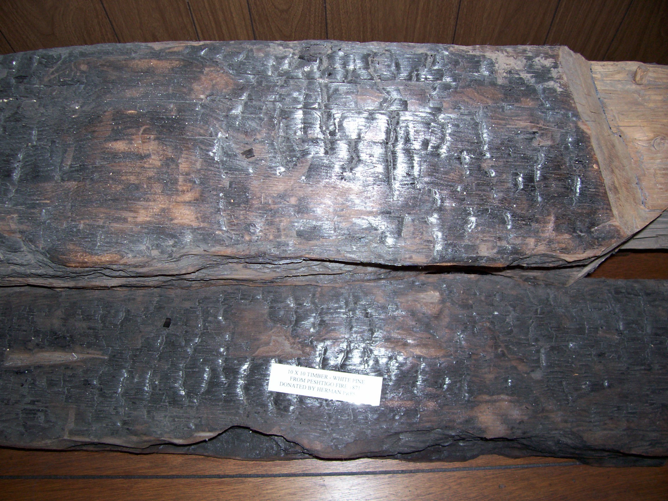 A 10 (inch) x 10 (inch) piece of lumber that survived the en:Peshtigo Fire, the deadliest in the history of the United States.
The lumber is located at the en:Peshtigo Fire Museum in en:Peshtigo, Wisconsin, USA.
The note reads:
"10 x 10 TIMBER - WHITE PINE
FROM PESHTIGO FIRE 1871
DONATED BY HERMAN PRESTINE"