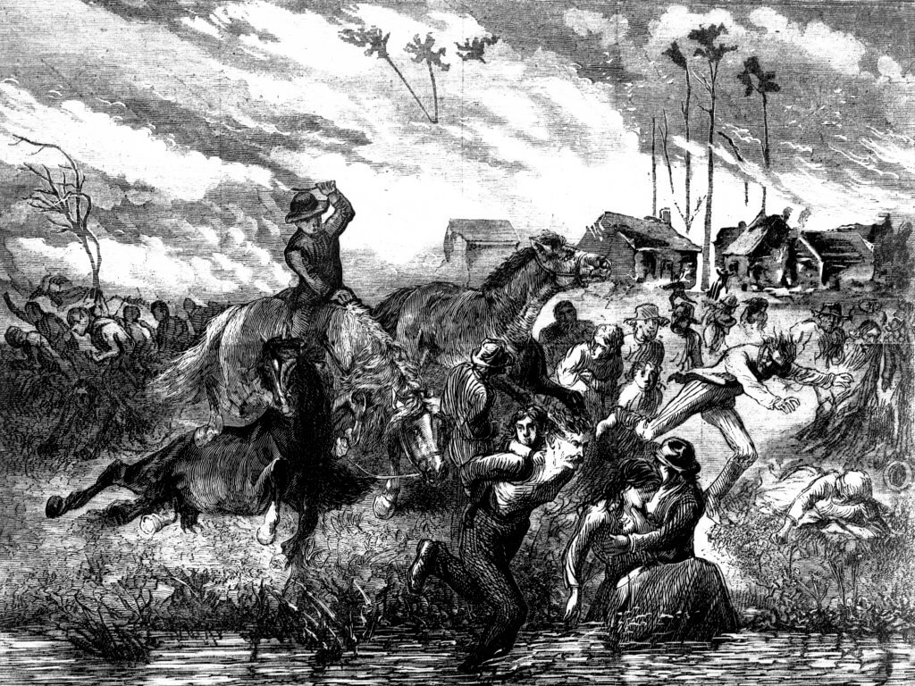 The Peshtigo Fire showing people seeking refuge in the Peshtigo River, 1871. taken from Harper's Weekly, 1871 Page 1037.