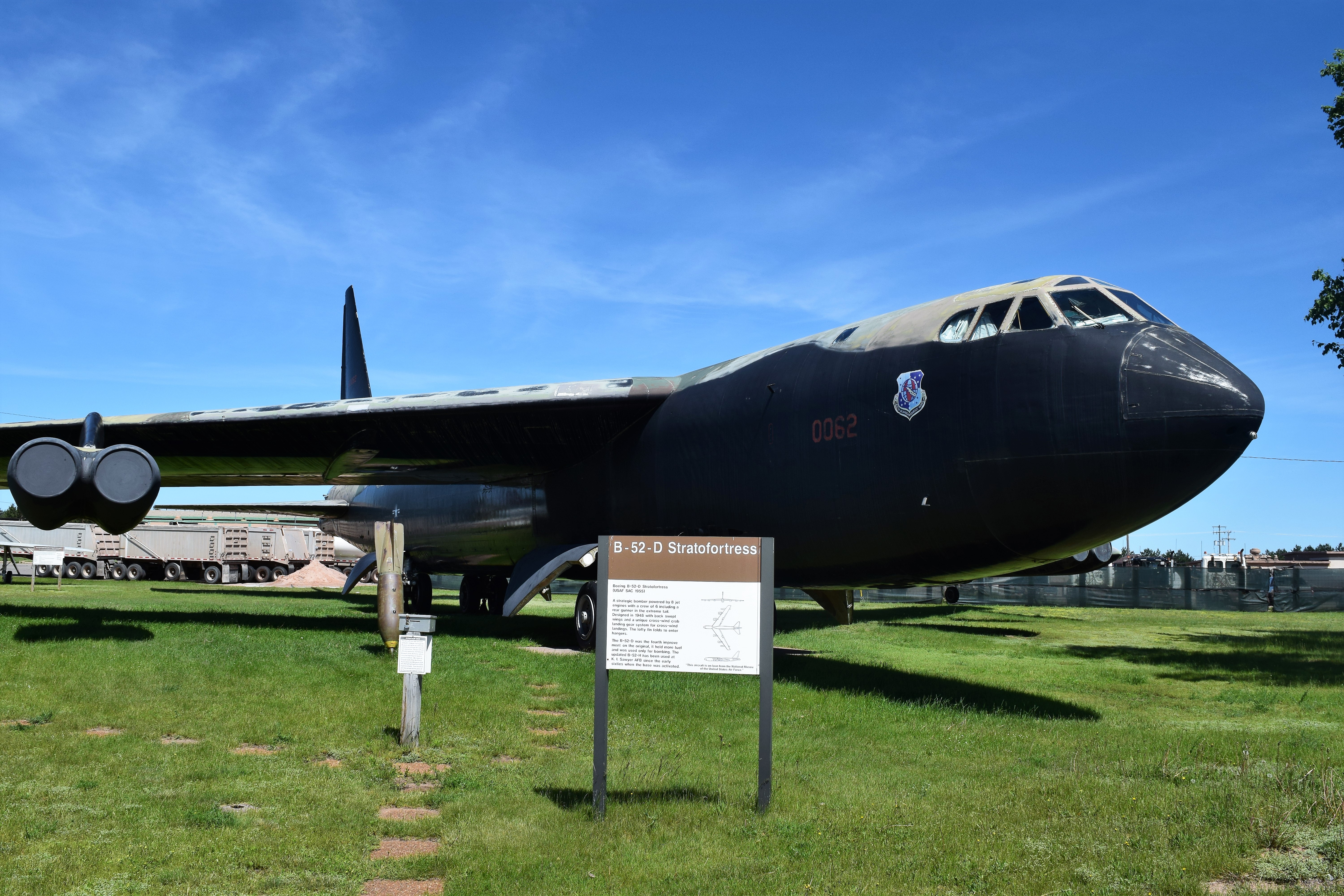 A retired Boeing B-52D Stratofortress on display at the former K. I. Sawyer Air Force Base in Marquette County, Michigan.