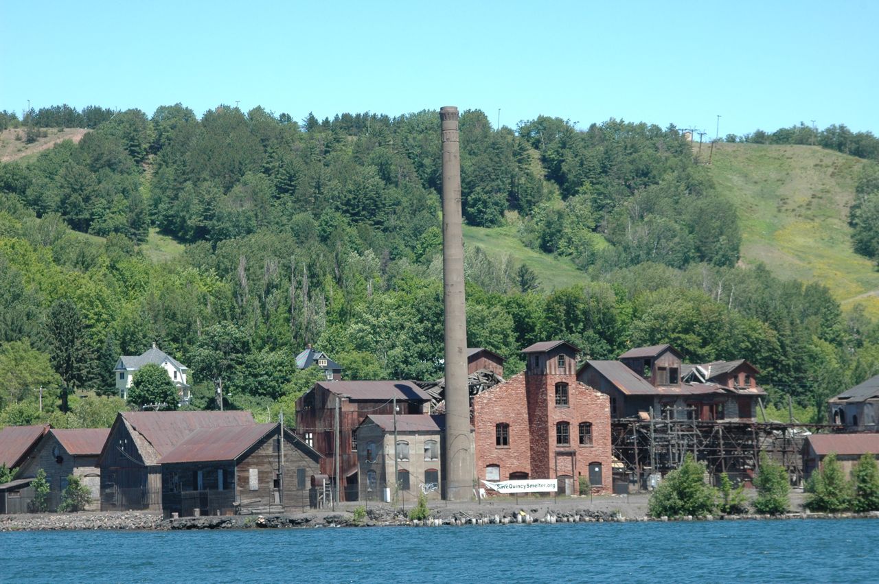 Old industrial buildings in Houghton, Michigan, Upper Peninsula. Quincy Smelter, a copper smelter in use from 1898-1971 in Franklin Township, Houghton County