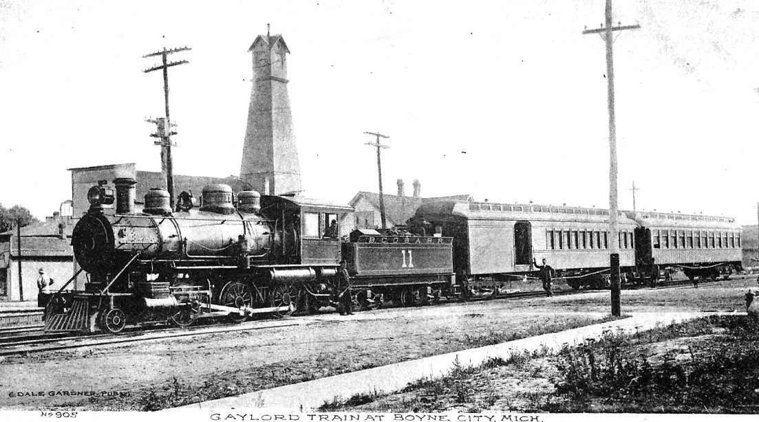 Photo of the Boyne City Railroad train to Gaylord at Boyne City, Michigan.