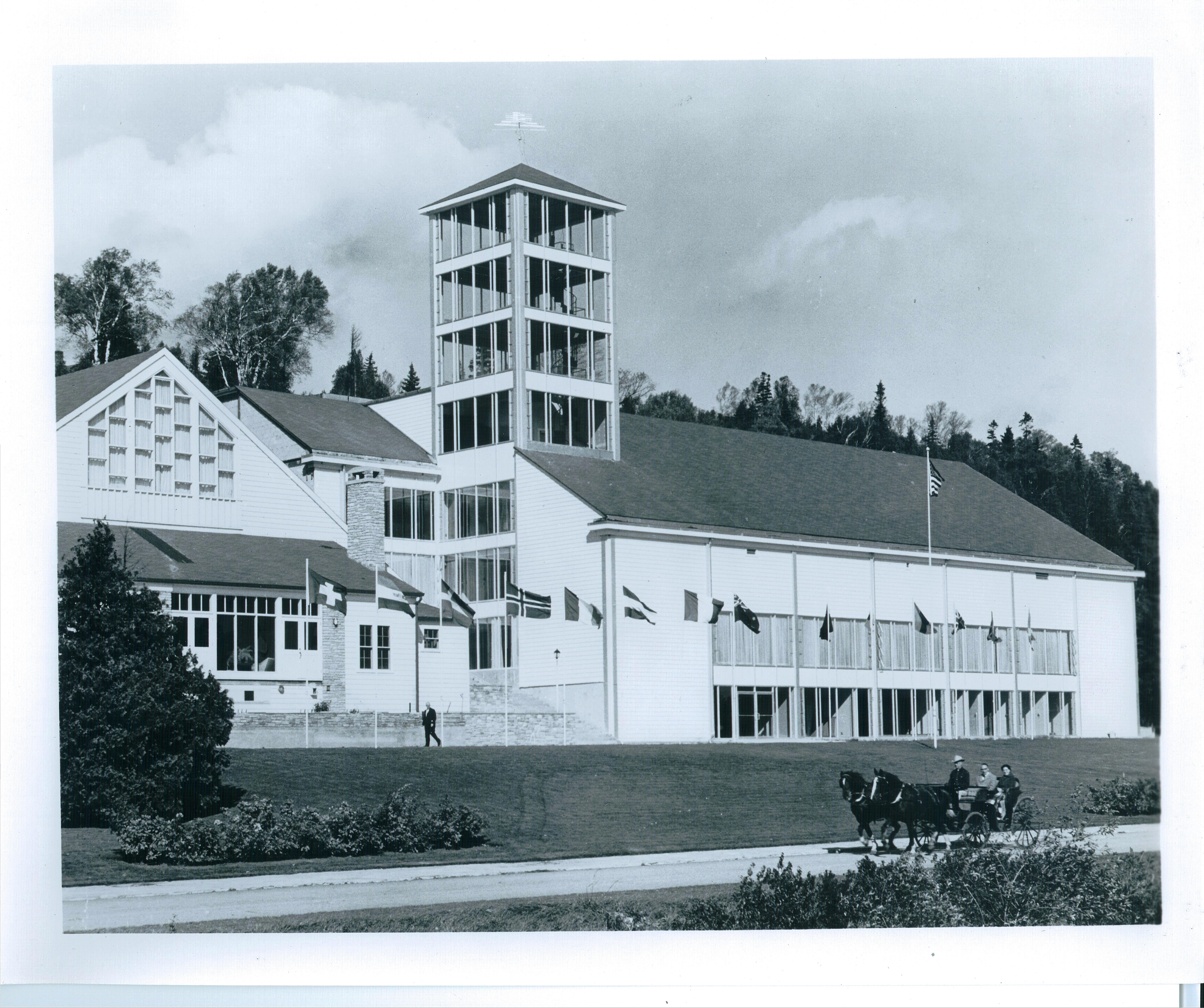 Construction of the Mission Point Film Studio and Fine Arts Building was completed on Mackinac Island, MI in 1960.  It has been used in filming several films (including Somewhere in Time), as a performance studio, and as a gymnasium. The studio tower houses the Mission Point historical museum.