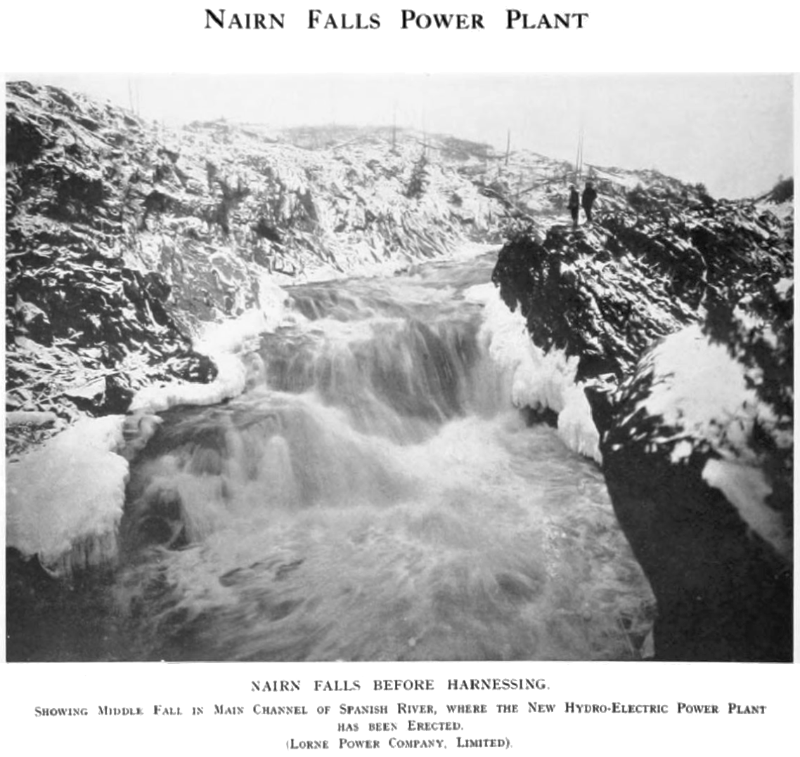 Nairn Falls on the Spanish River, before disapearing on a hydroelectric dam built by the Mond Nickel Company circa 1915.