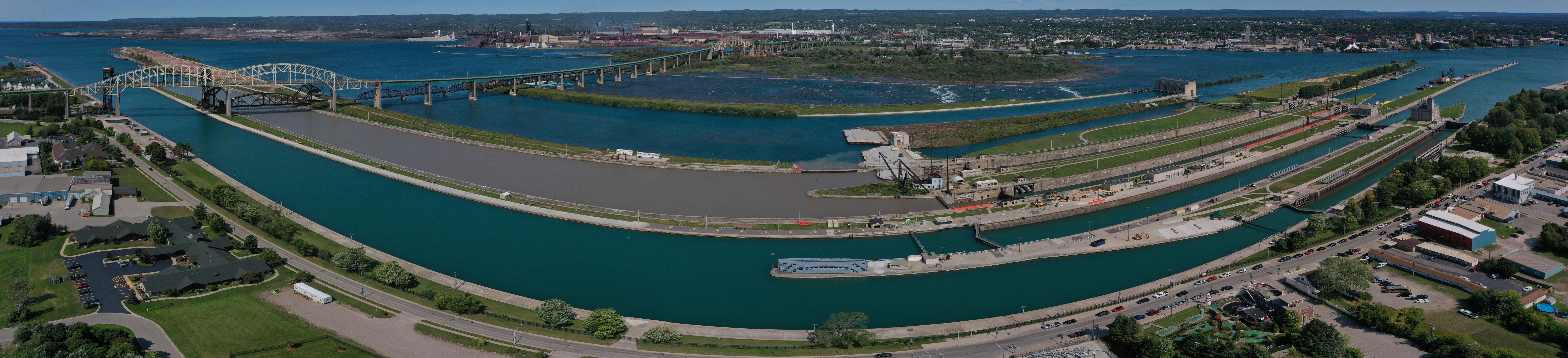 An aerial view of the Soo Locks on the St. Marys River connecting Lakes Superior and Huron.