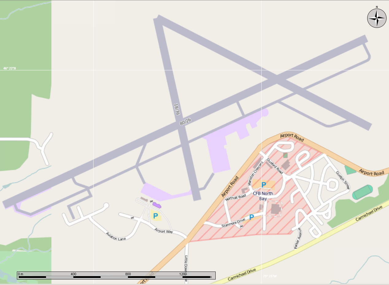 Map showing the North Bay Airport and CFB North Bay (in red) at the bottom of the image. Open Street Map from the Marble program.