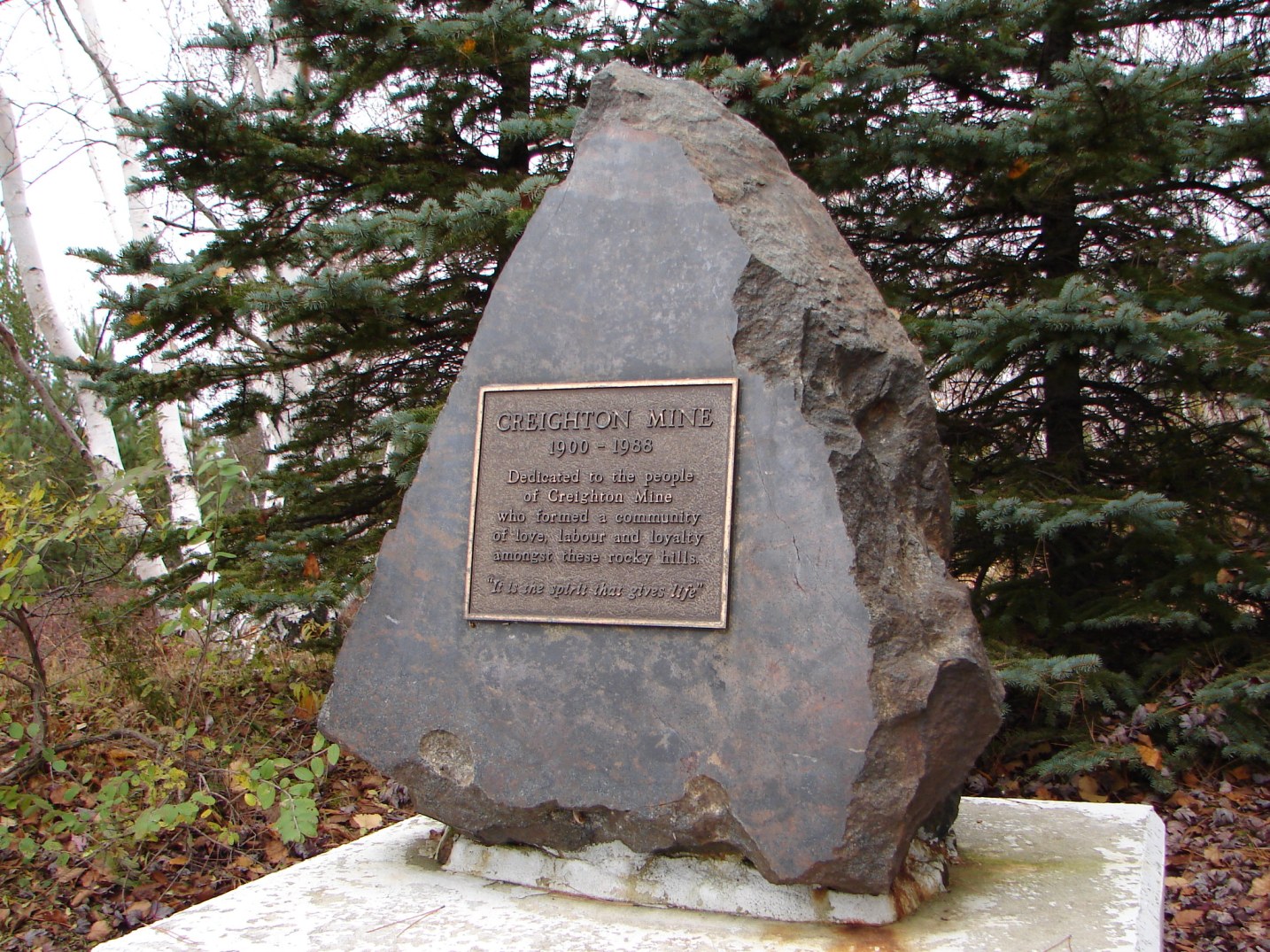 Marker stone for Creighton Mine, Ontario, Canada, now a ghost-town.