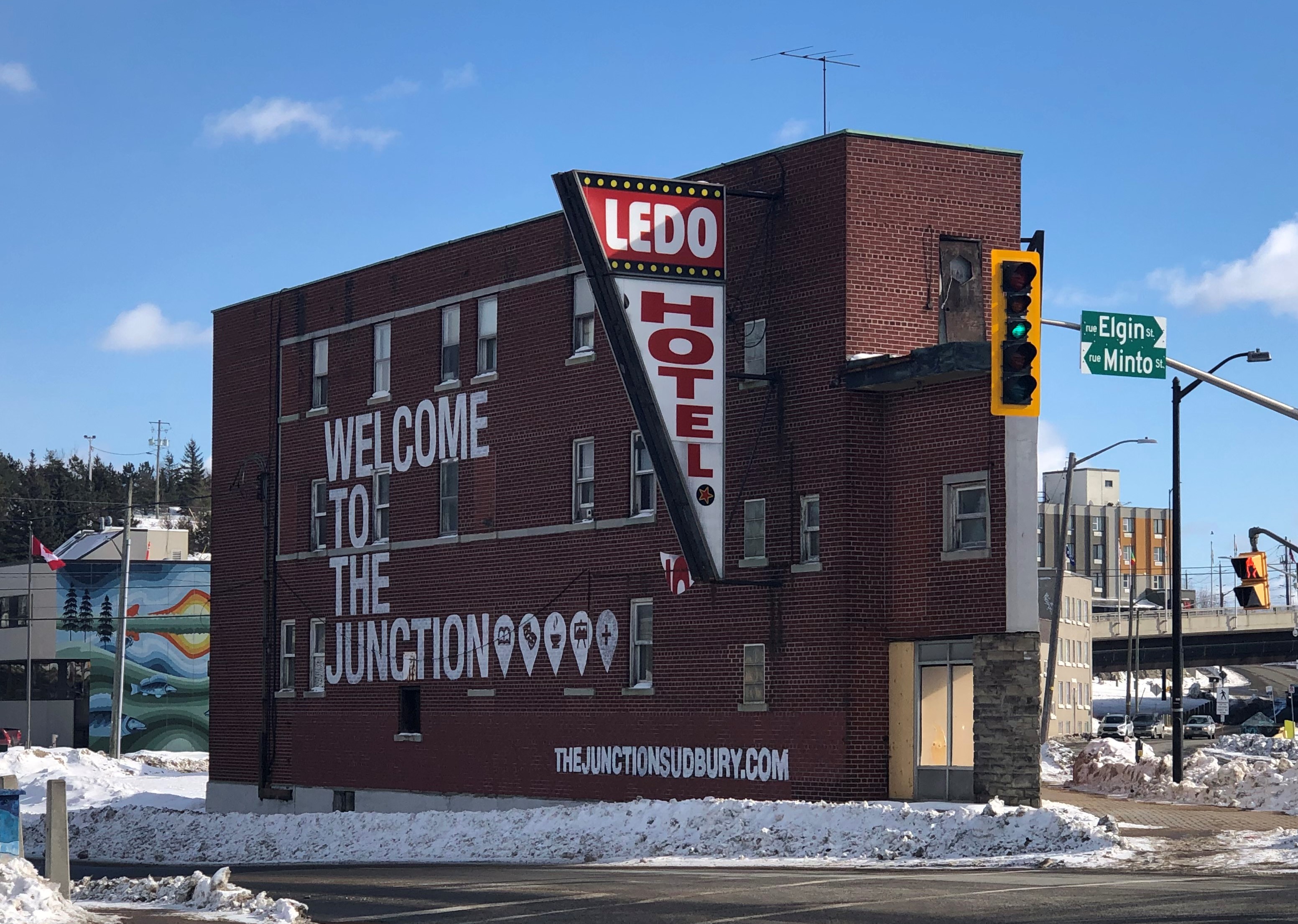 The Ledo Hotel viewed from the intersection at Minto and Van Horne Street