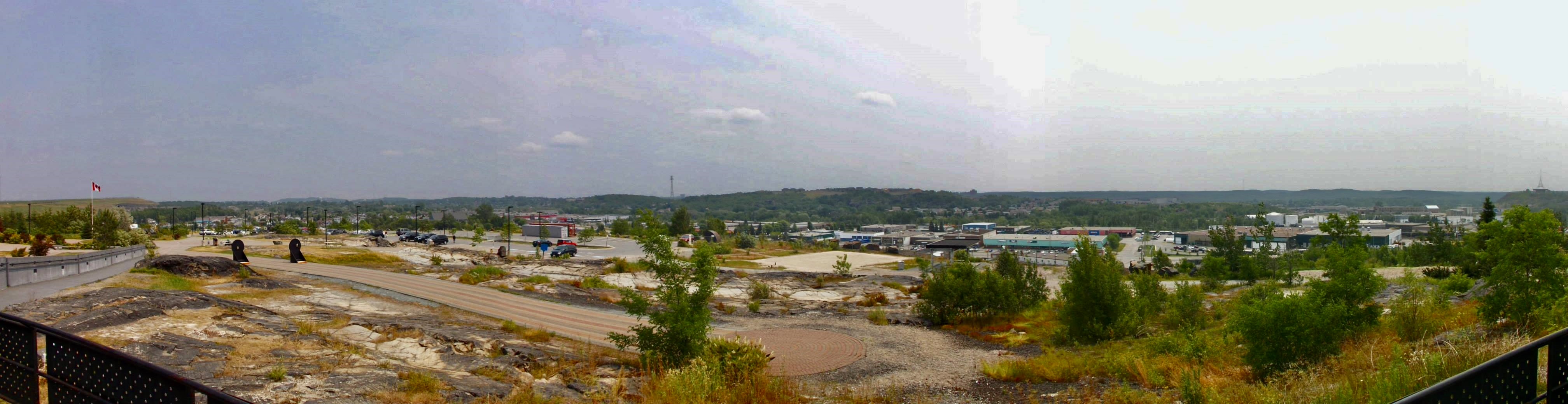 A panoramic view from the Big Nickel in Sudbury, Ontario, Canada, looking southeast over the Gatchell district of the city in July 2015.