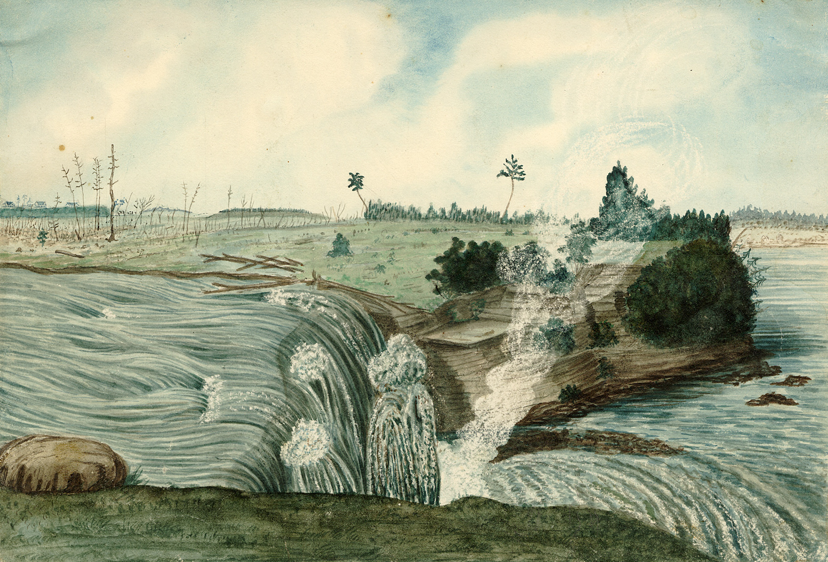 Western and Lesser Fall of the Rideau River; Barrack Hill and Upper Bytown in the left Distance, 1826.jpg