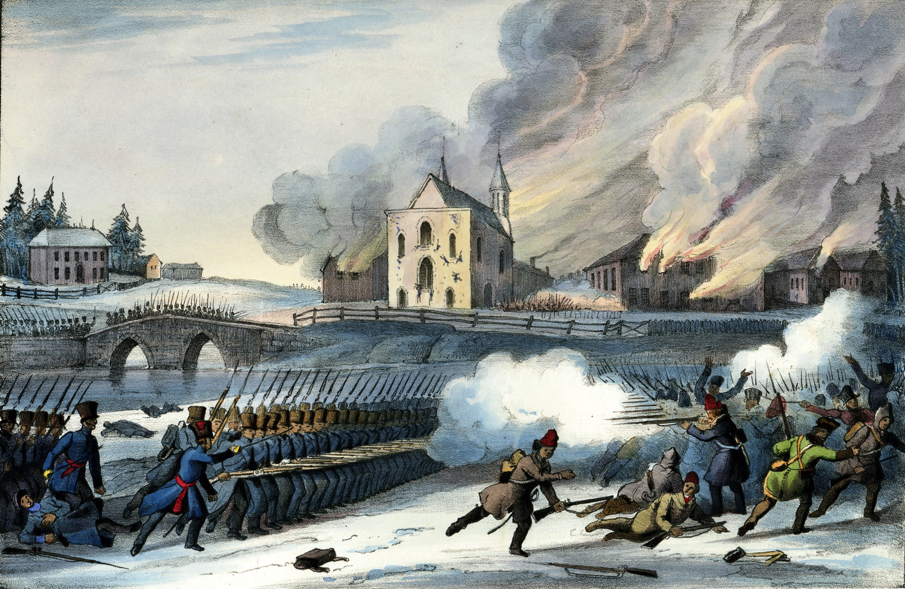Estampe. Vue arrière de l'église Saint-Eustache et dispersion des insurgés.
Encre et aquarelle sur papier - Lithographie (26.5 x 36.6 cm).
Bataille de Saint-Eustache, 14 décembre 1837 lors de la rébellion des Patriotes à Saint-Eustache, ville du Québec qui se situe au confluent de la rivière du Chêne et de la rivière des Mille-Îles, dans la MRC de Deux-Montagnes et les Basses-Laurentides à 30 km à l'ouest de Montréal au Canada.