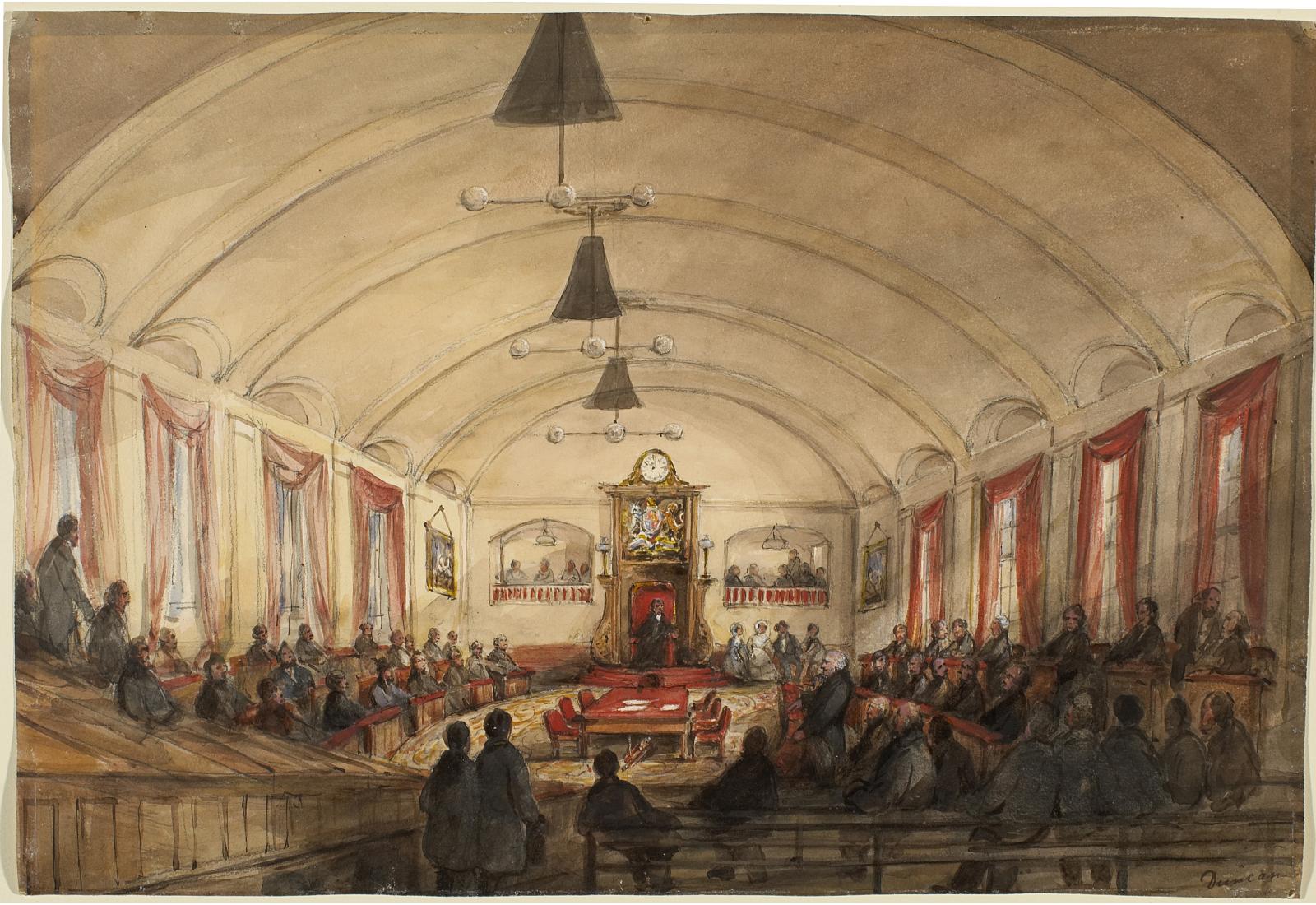 Interior of Parliament building at the Sainte-Anne Market before the fire, in Montreal, 1848.