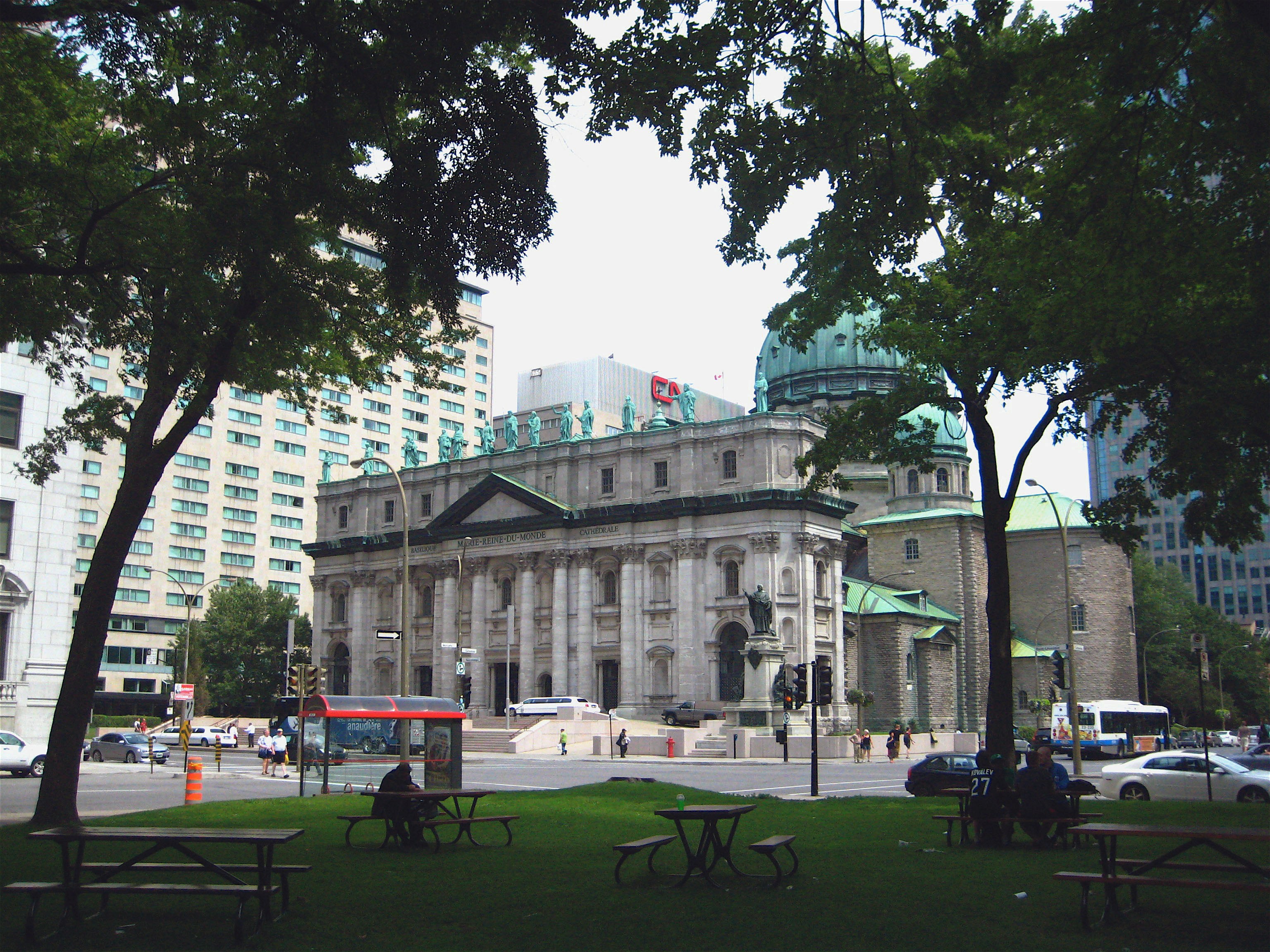 Mary, Queen of the World Cathedral as viewed from the Southeast corner of Dorchester Square