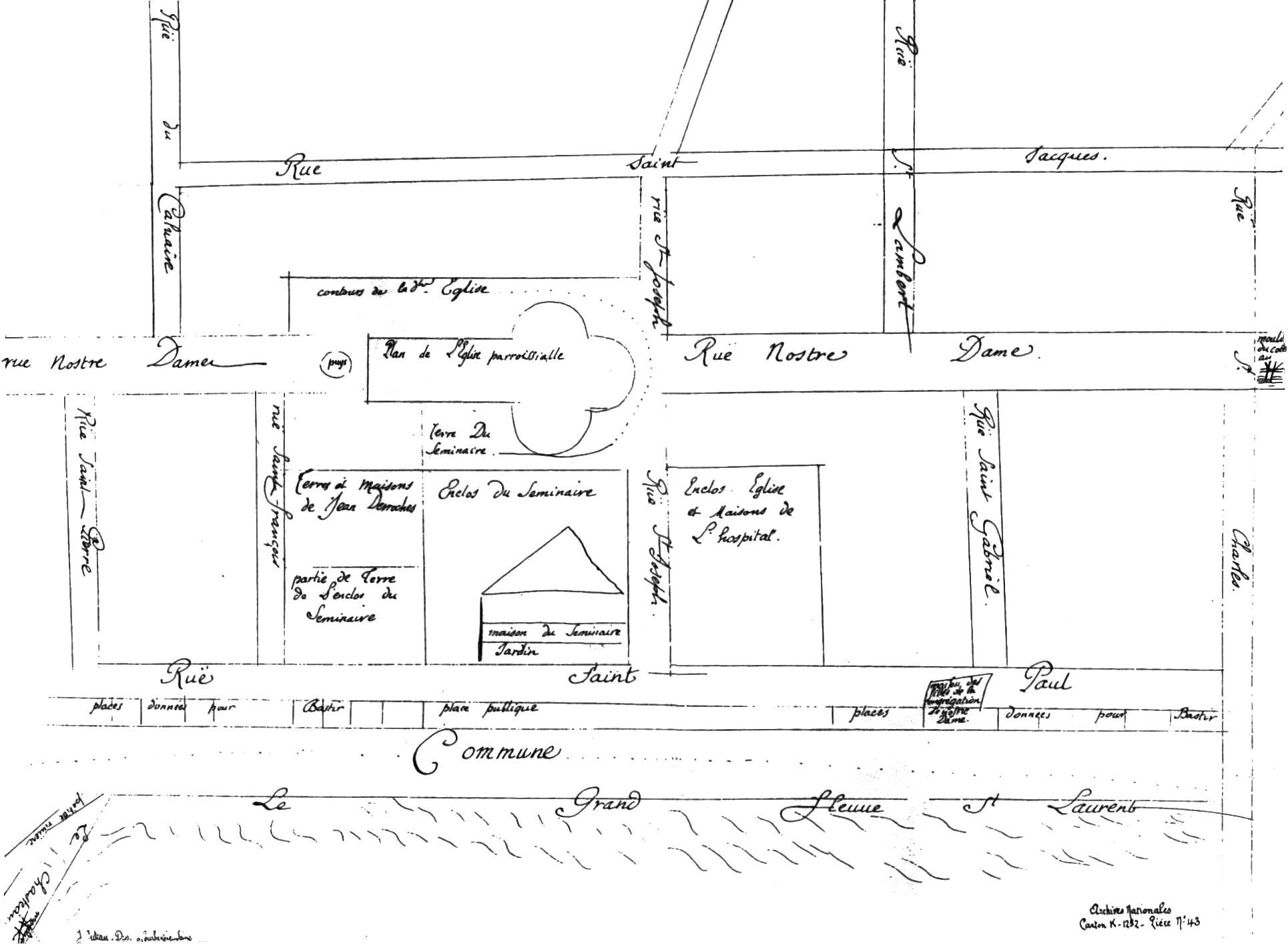 Plan des rues de Ville-Marie en 1672 par François Dollier de Casson, supérieur des Sulpiciens, seigneurs de l'île de Montréal. Il fit ce plan avec l'aide de Bénigne Basset Des Lauriers, notaire et arpenteur.