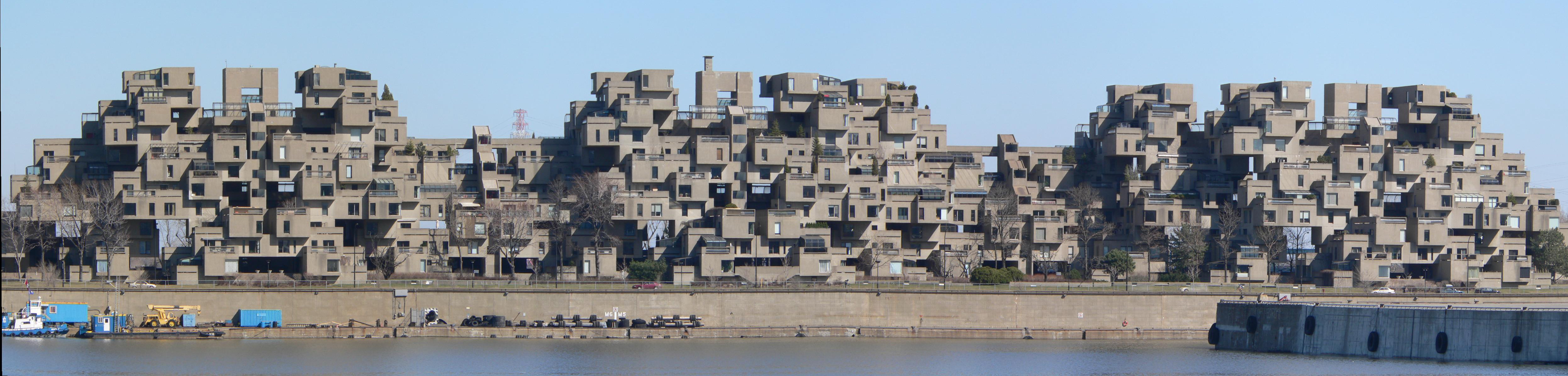 High-res image of the Habitat 67 complex taken in April of 2006. Photo: Nora Vass, en:Image stitching: Gergely Vass