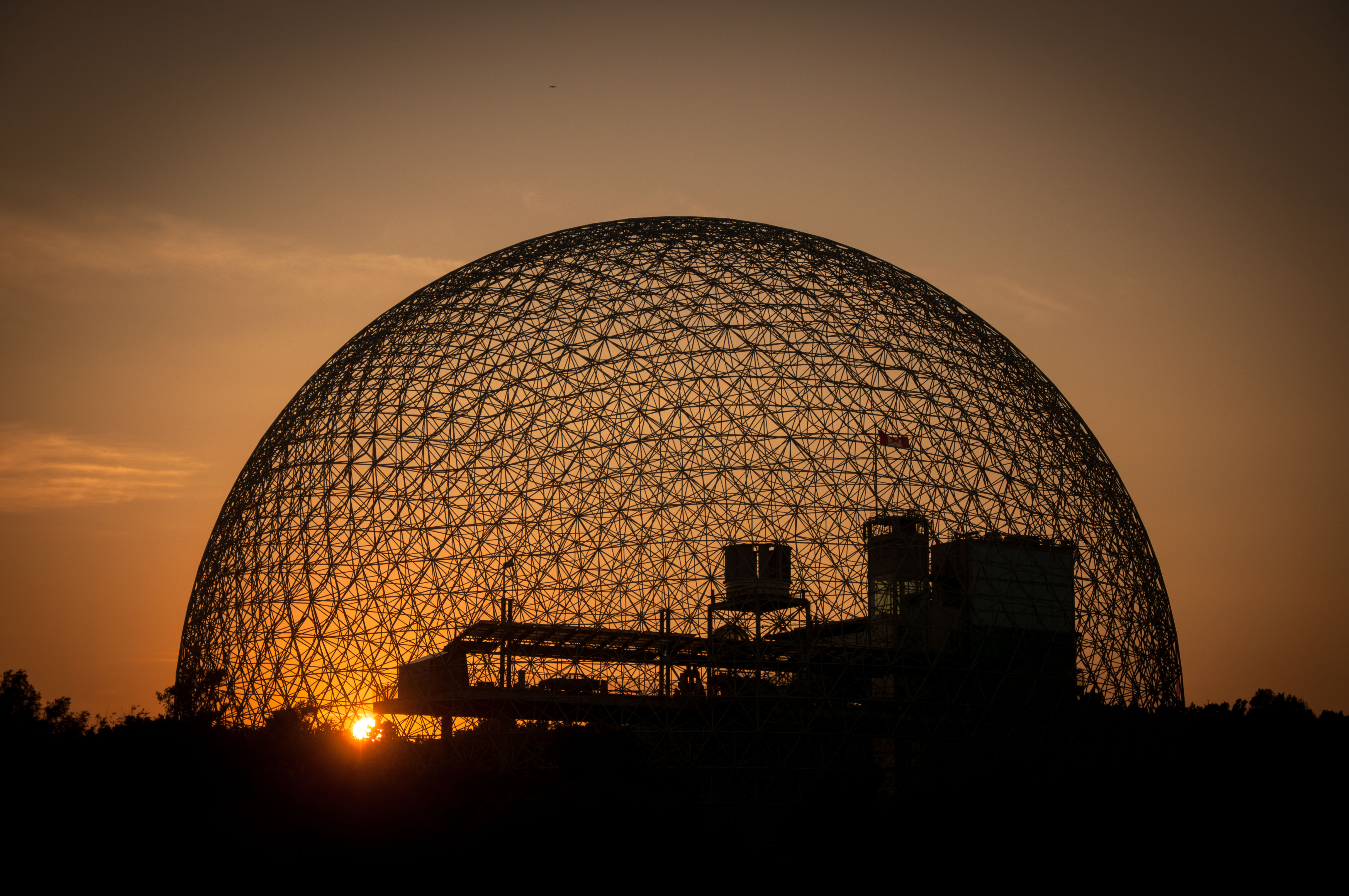 Beautiful sunset, Expo 67 United States Pavilion at Parc Jean-Drapeau, in Montreal, Canada.