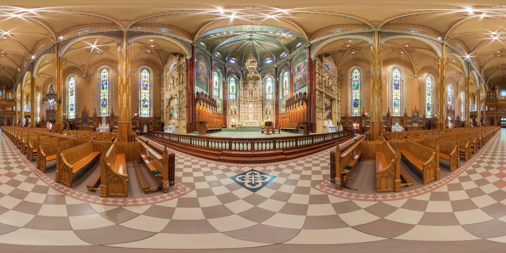 Panorama 360 of Basilique Saint-Patrick, Montreal, Quebec, Canada.