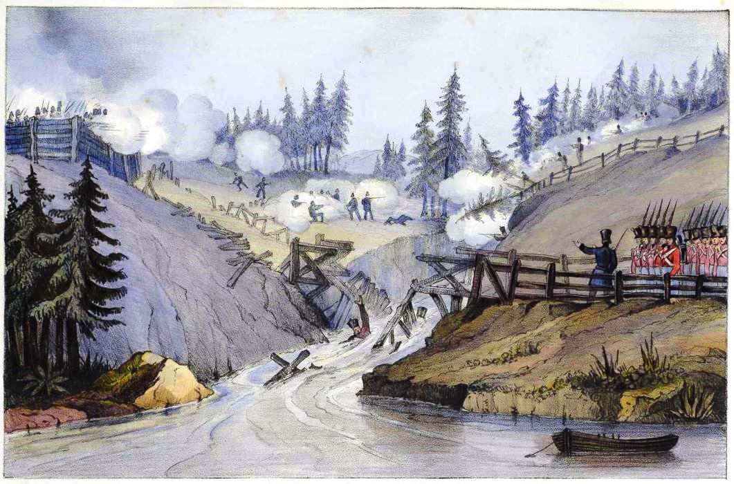 A Fortified Pass - Colonel Wetherall Advancing to the Capture of St. Charles, 25th Novr 1837Originally published in the book:
Lithographic views of military operations in Canada under His Excellency Sir John Colborne, G.C.B. etc. during the late insurrection. From sketches by Lord Charles Beauclerck, captain Royal Regiment. Accompanied by notes historical and descriptive.London : published by A. Flint,1840