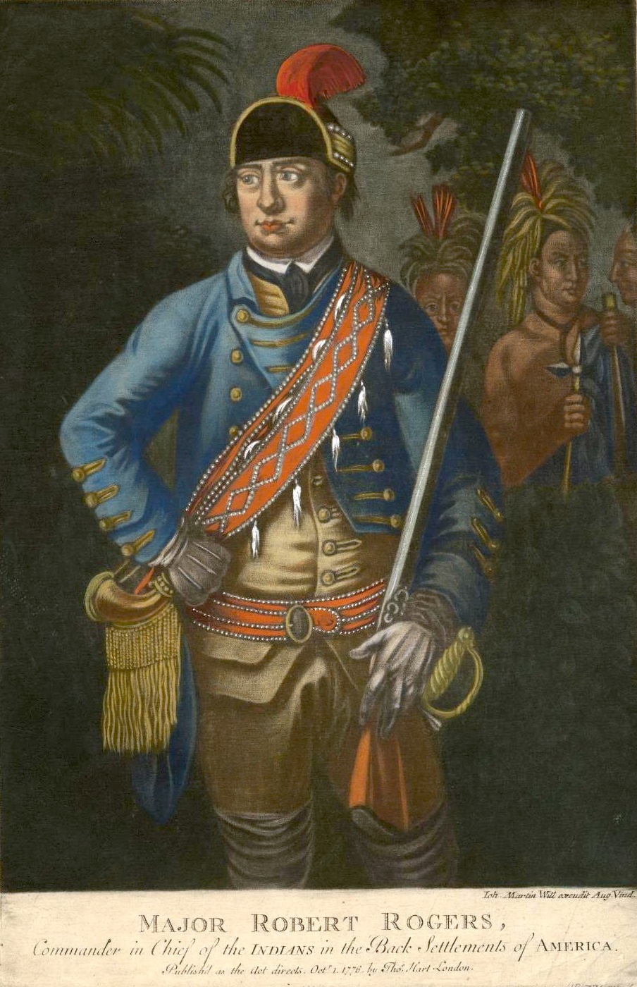 A color mezzotint of a representation of American colonial ranger Robert Rogers.  (There are no known likenesses of Rogers made from life.)