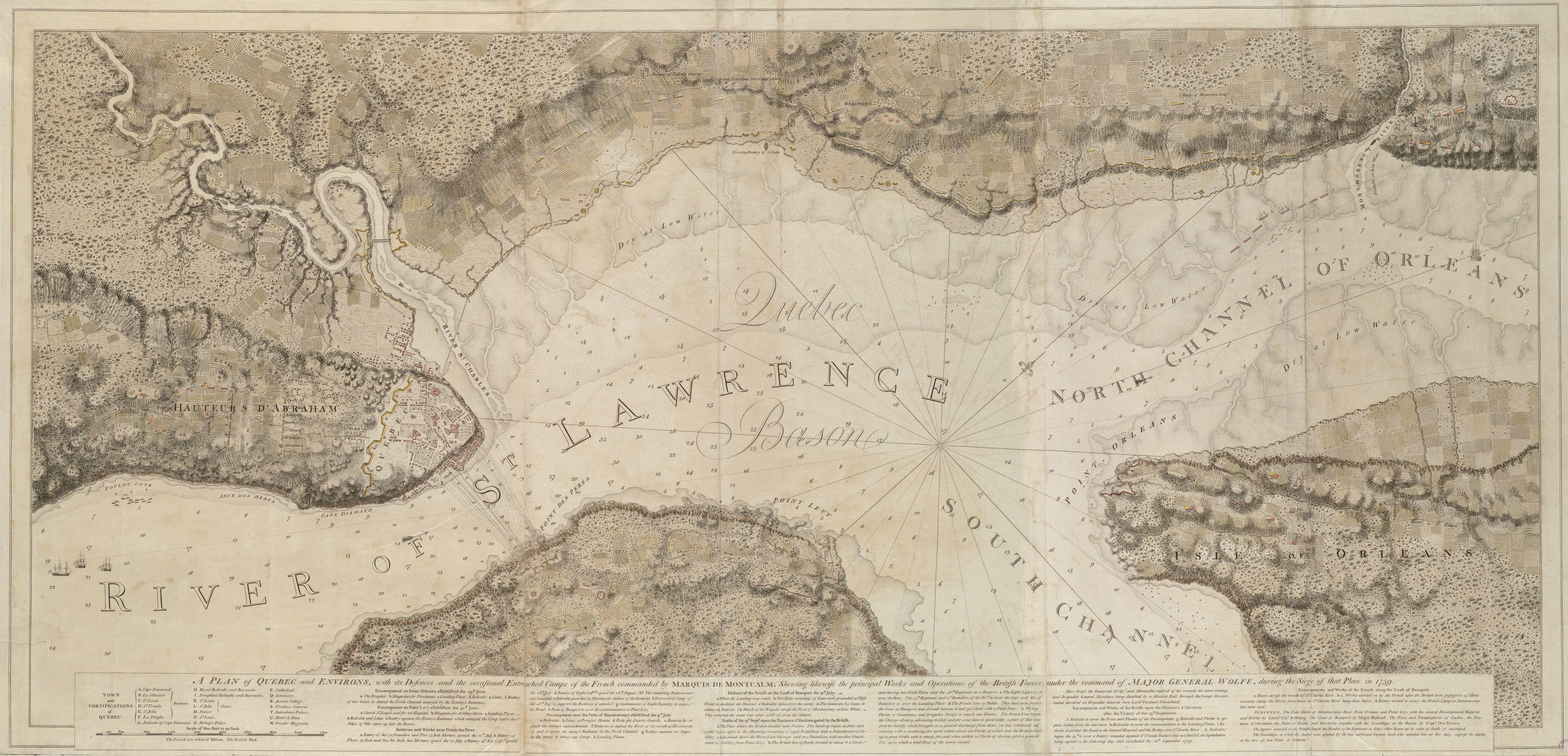 This is a map depicting the troop arrangements at the 1759 Siege of Quebec.  The caption reads: A Plan of Quebec and Environs, with its Defenses and the occasional entrenched Camps of the French commanded by Marquis de Montcalme; shewing likewise the principal Works and Operations of the British Forces, under the command of Major General Wolfe, during the Siege of that Place in 1759.