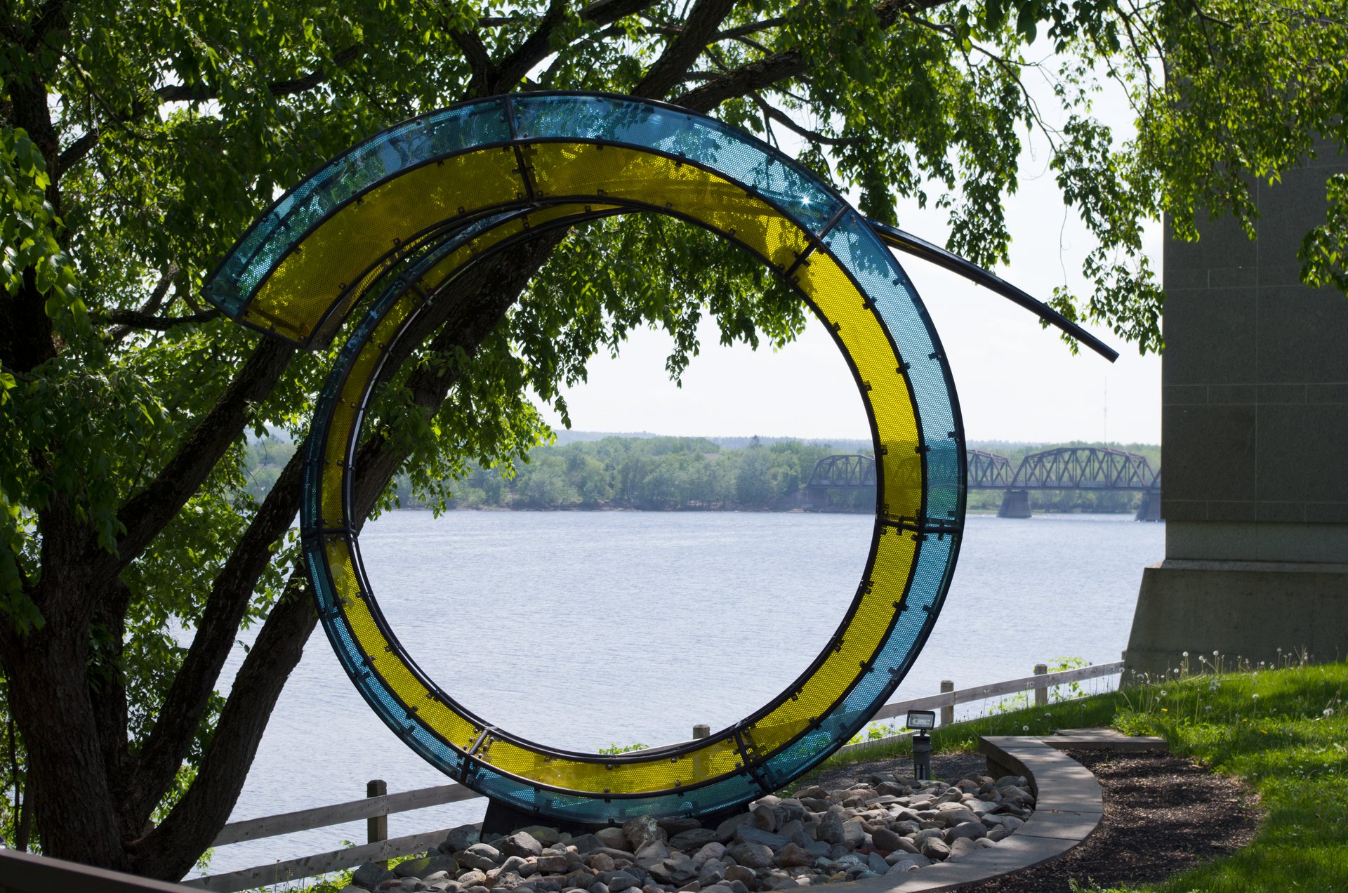 Photograph of the sculpture Arriving Home by Dennis Oppenheim.  Taken on the grounds of the Beaverbrook Art Gallery on June 13, 2017.
