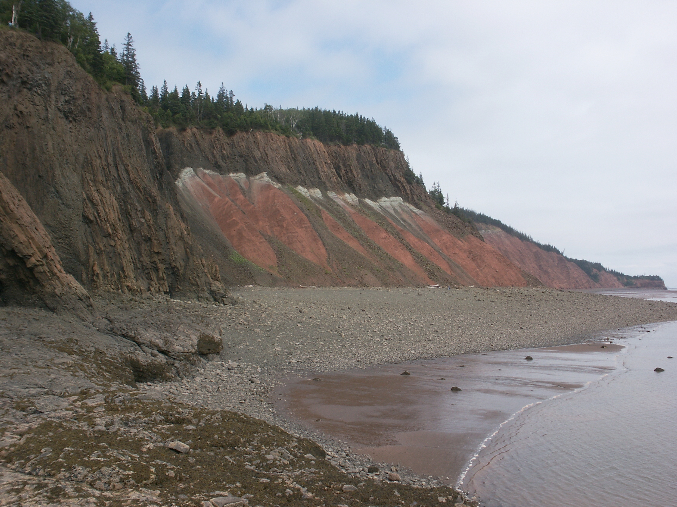 View of the North Mountain Basalt (Early Jurassic) atop the Blomidon Formation (Late Triassic-Earliest Jurassic) at Five Islands Provincial Park, Nova Scotia.