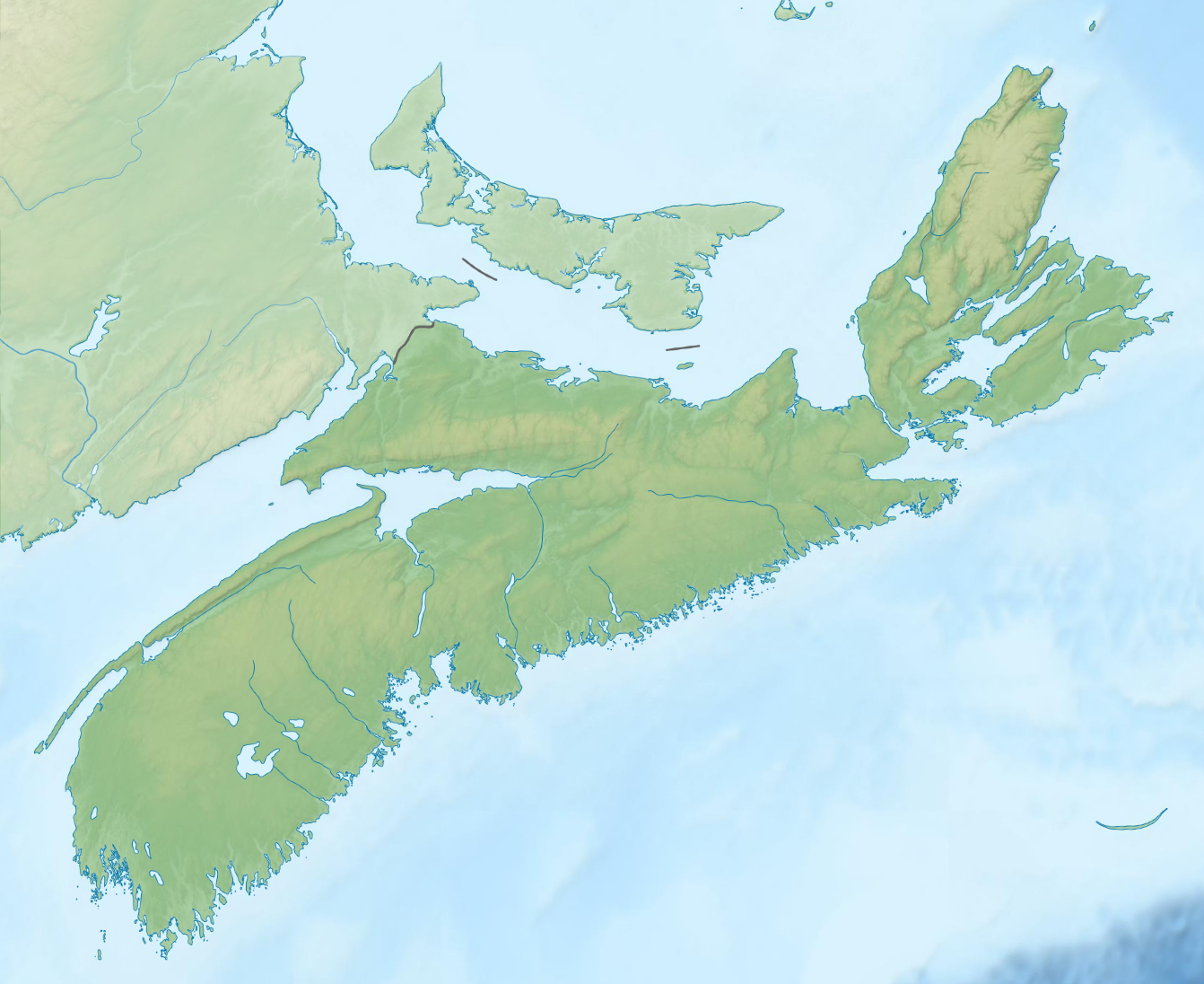 Topographic location map of Nova Scotia, Canada
Equirectangular projection, N/S stretching 145 %. Geographic limits of the map:

N: 47.3° N
S: 43.3° N
W: 66.6° W
E: 59.5° W