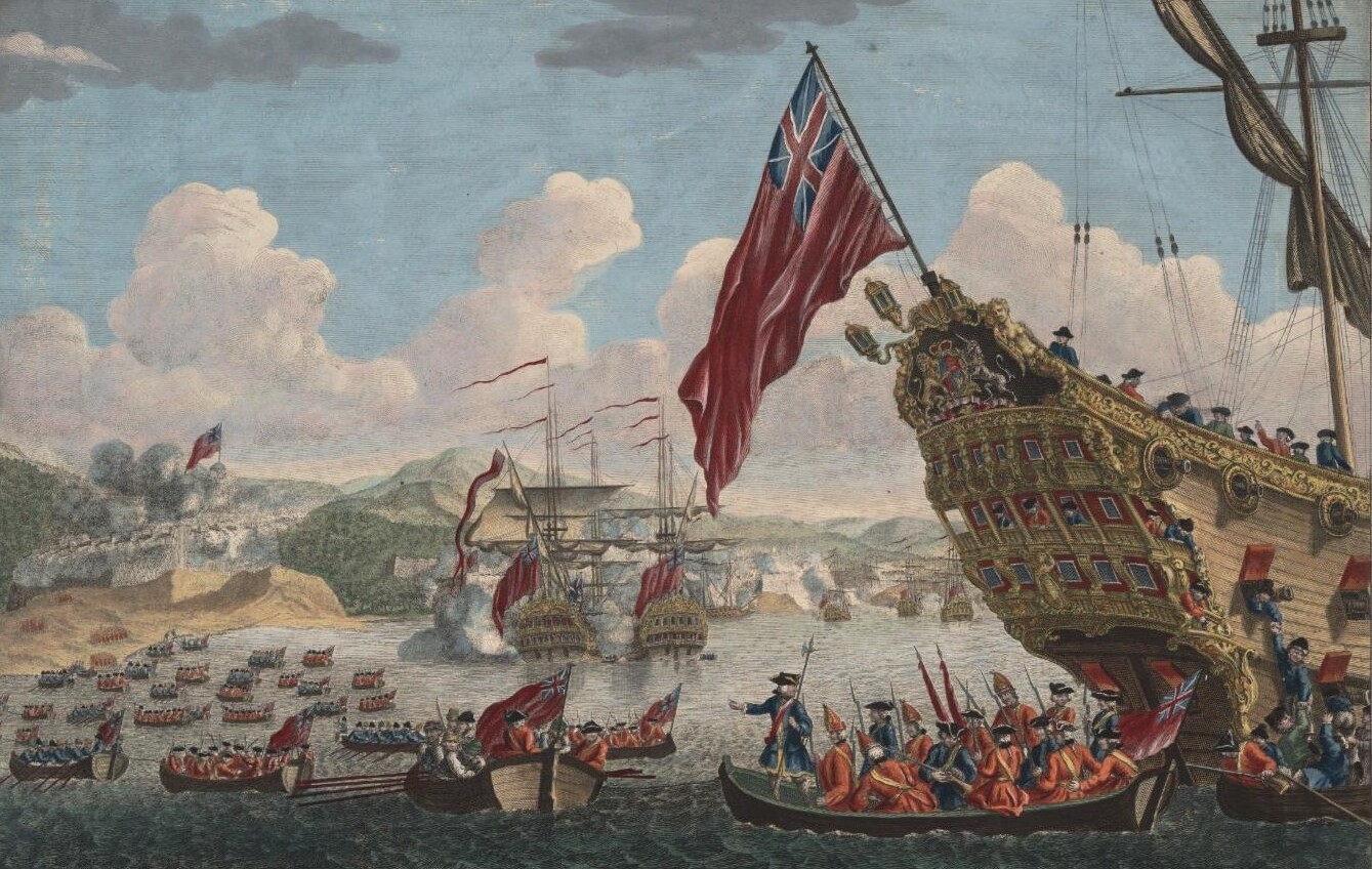 View of the English landing on the island of Cape Breton to attack the fortress of Louisbourg. 1745.